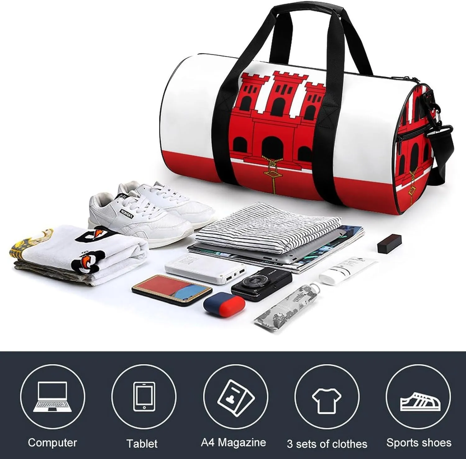 Gibraltar Flag Waterproof Sports Duffel Bag Dry Wet Separation for Gym Beach Travel