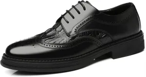 HOOENG Formal Oxford Shoes for Men Lace Up Derby Shoes Brogue Embossed Wing Tip Crocodile Embossed Leather Anti-Slip Non Slip Low Top Rubber Sole Business (Color : Black, Size : 8)