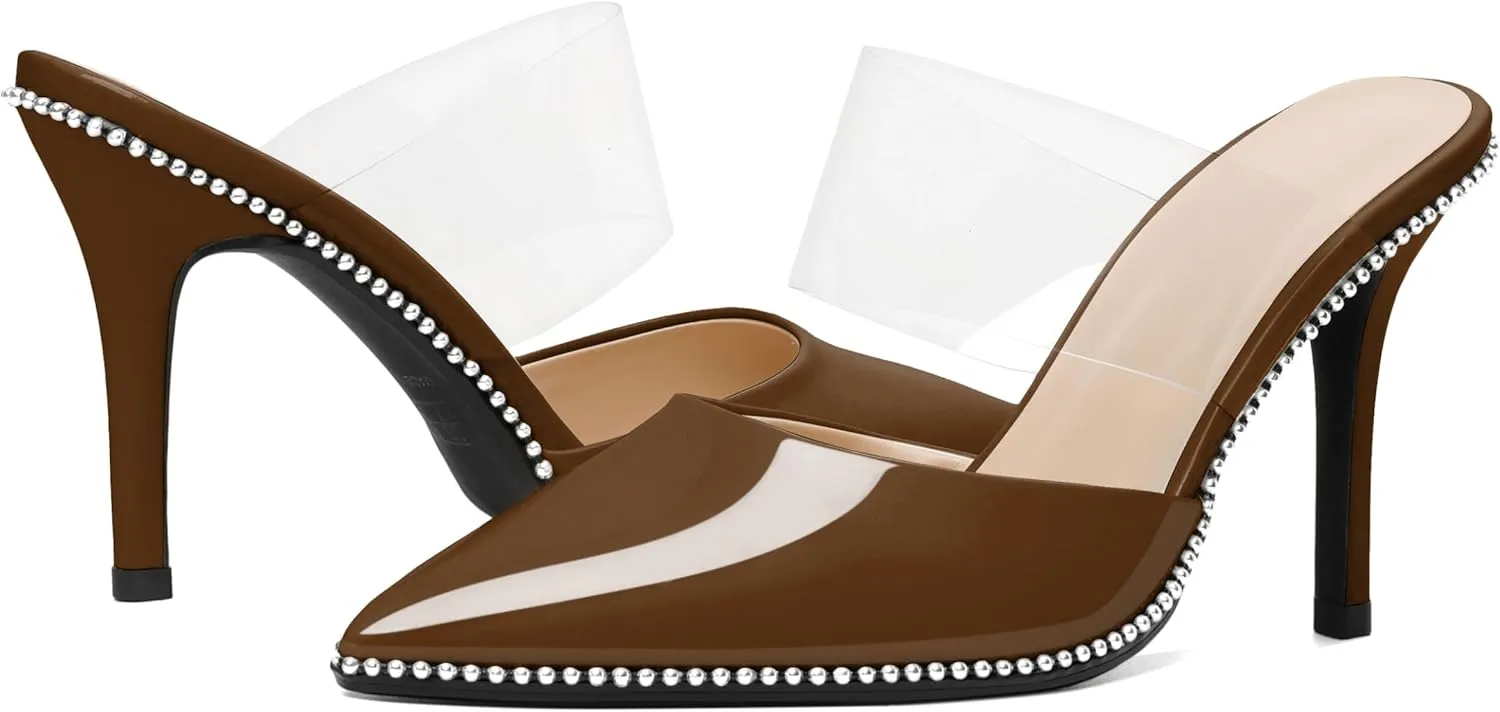 Joseywade Women's Heeled Mules Beaded Sandals Stilettos Heels Pointed Closed Toe Clear PVC Ankle Strap Patent Fashion Dress Shoes