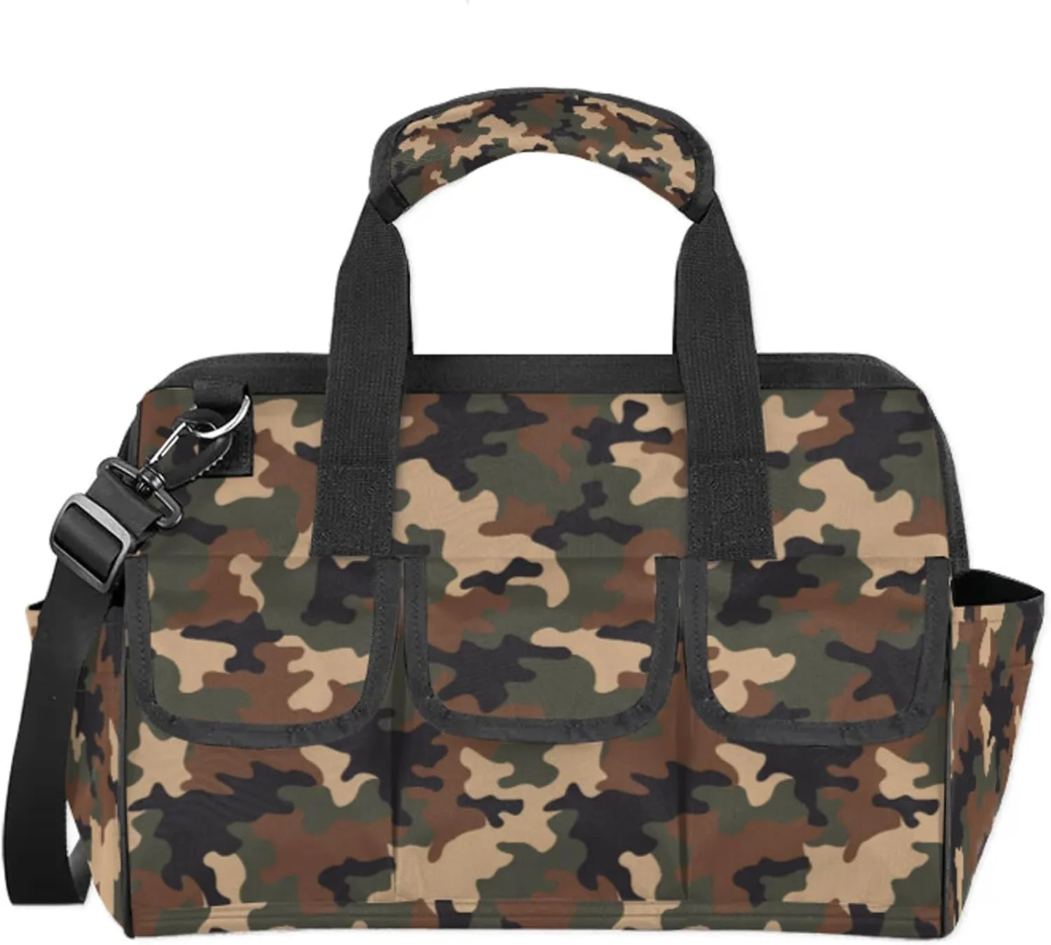 Jungle Camo Tool Bags for Men and Women 14.8 Inch, Heavy Duty Waterproof Tool Box Organizer Bag, Wide Mouth Tool Tote Storage Bag with Adjustable Shoulder Strap
