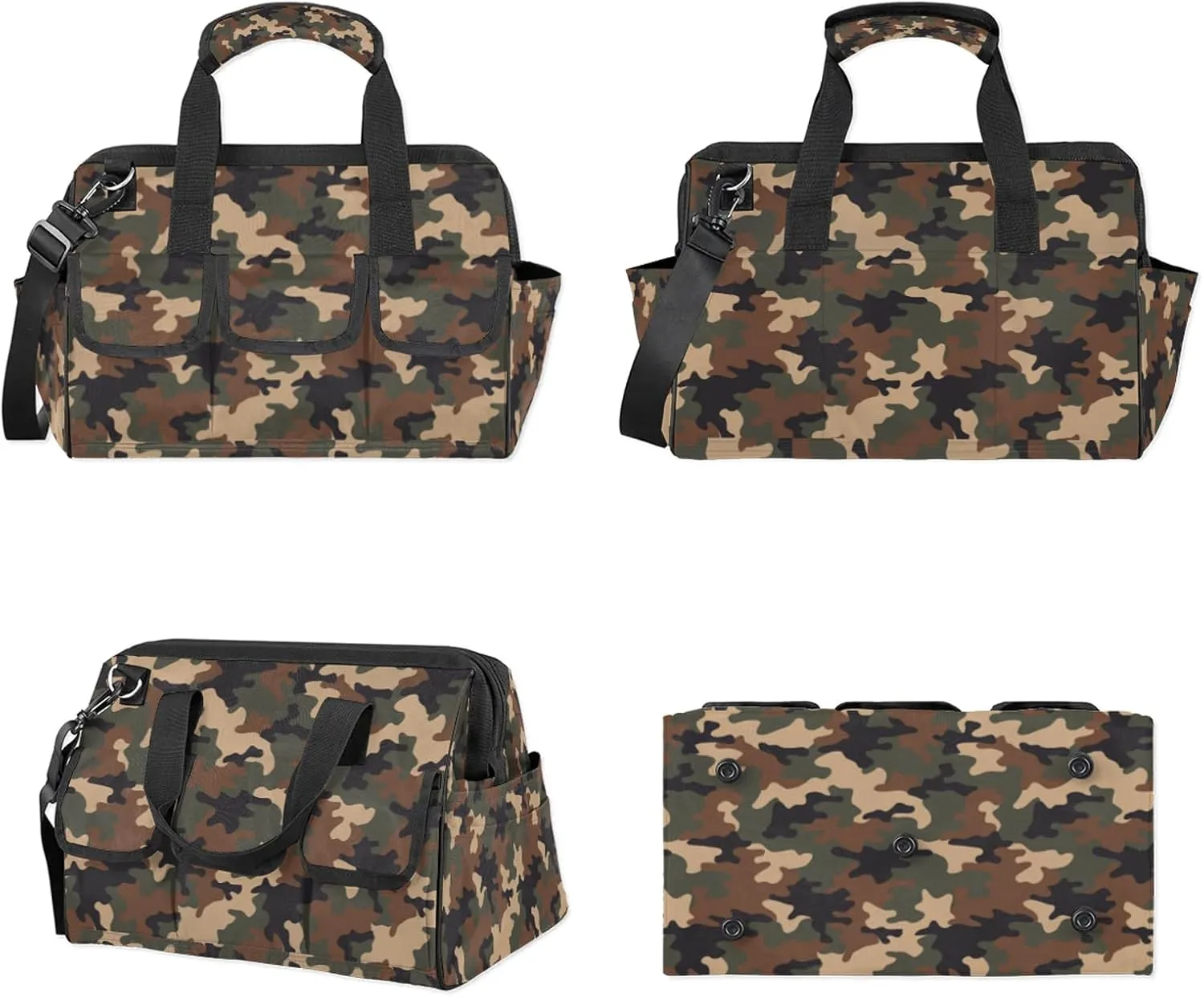 Jungle Camo Tool Bags for Men and Women 14.8 Inch, Heavy Duty Waterproof Tool Box Organizer Bag, Wide Mouth Tool Tote Storage Bag with Adjustable Shoulder Strap