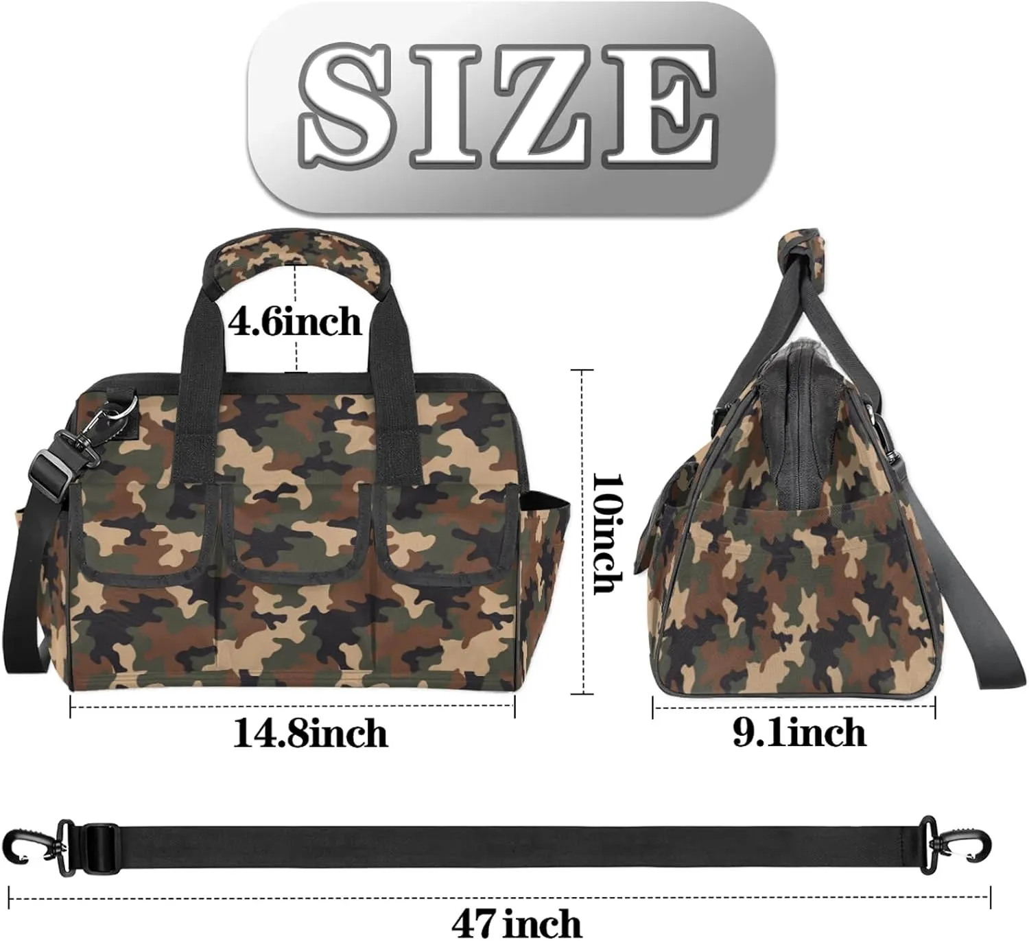 Jungle Camo Tool Bags for Men and Women 14.8 Inch, Heavy Duty Waterproof Tool Box Organizer Bag, Wide Mouth Tool Tote Storage Bag with Adjustable Shoulder Strap
