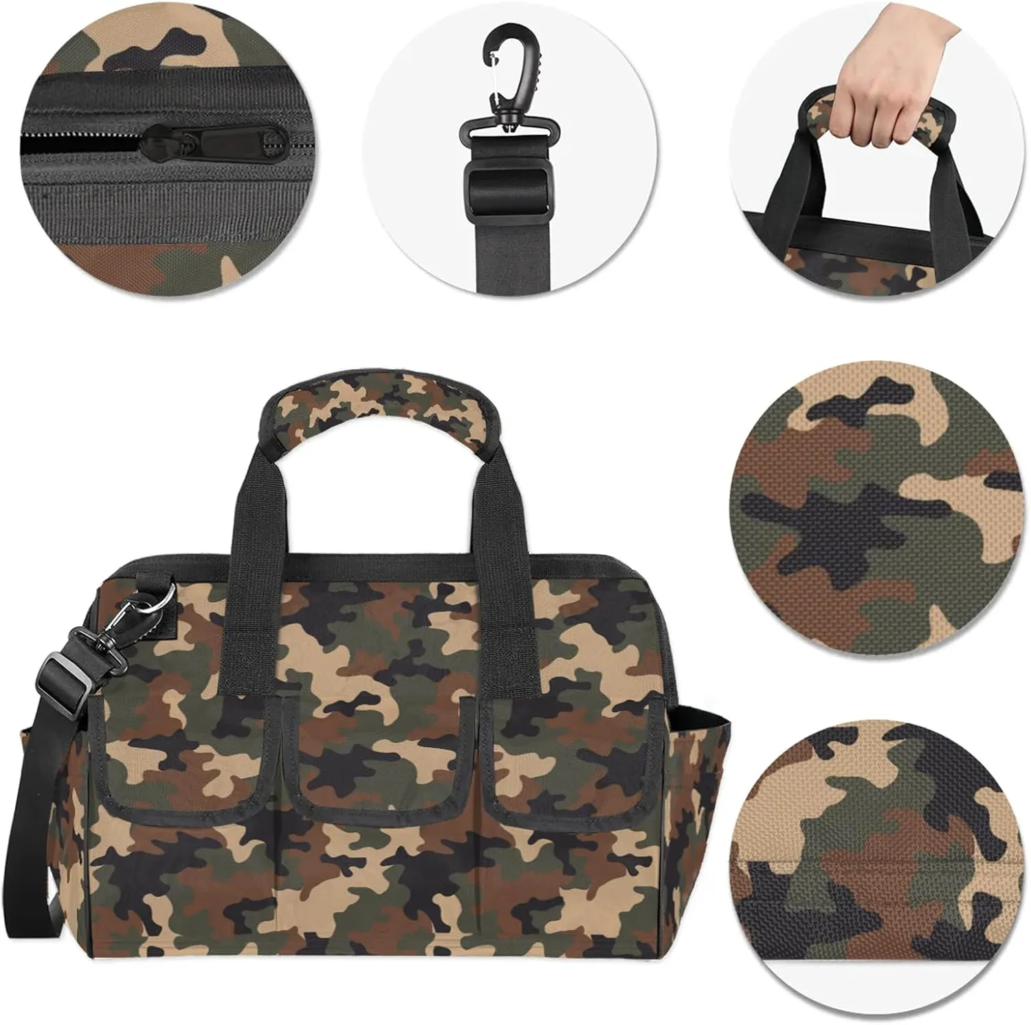 Jungle Camo Tool Bags for Men and Women 14.8 Inch, Heavy Duty Waterproof Tool Box Organizer Bag, Wide Mouth Tool Tote Storage Bag with Adjustable Shoulder Strap