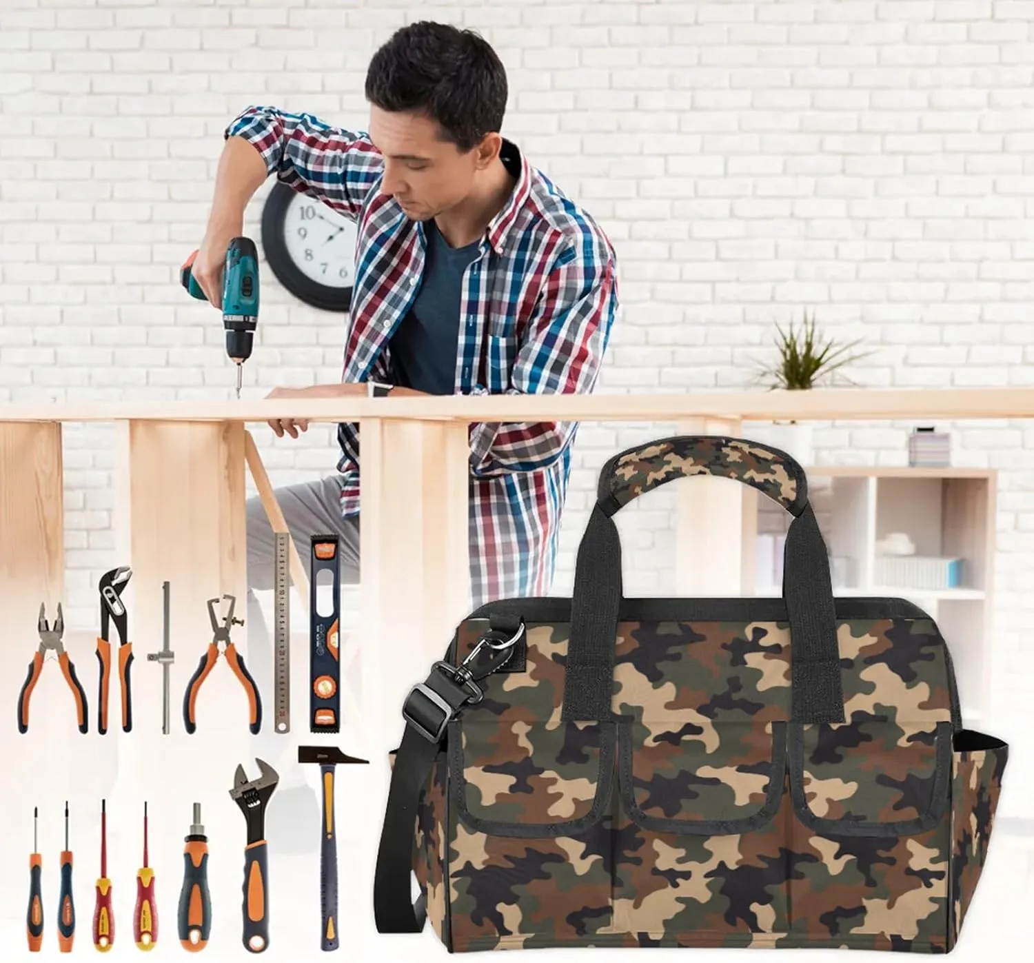 Jungle Camo Tool Bags for Men and Women 14.8 Inch, Heavy Duty Waterproof Tool Box Organizer Bag, Wide Mouth Tool Tote Storage Bag with Adjustable Shoulder Strap