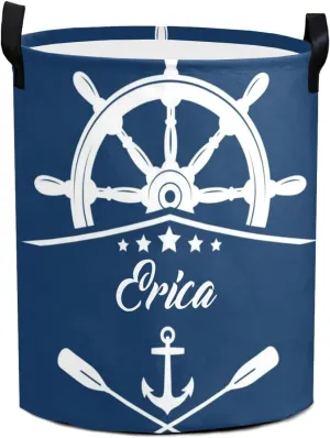 Lake House Nautical Anchor Personalized Waterproof Foldable Laundry Basket Bag with Handle, Custom Collapsible Clothes Hamper Storage Bin for Toys Laundry Dorm Travel Bathroom