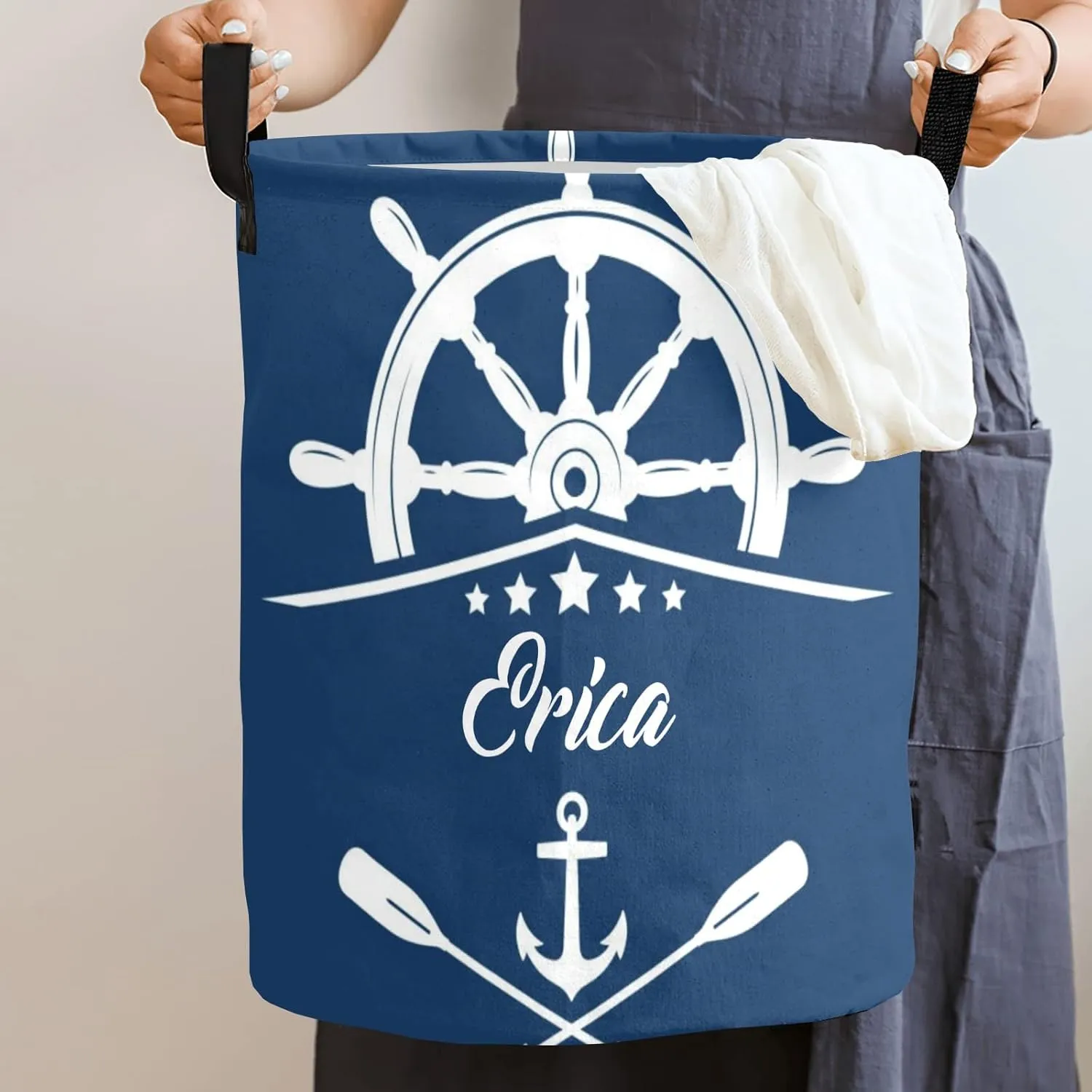Lake House Nautical Anchor Personalized Waterproof Foldable Laundry Basket Bag with Handle, Custom Collapsible Clothes Hamper Storage Bin for Toys Laundry Dorm Travel Bathroom