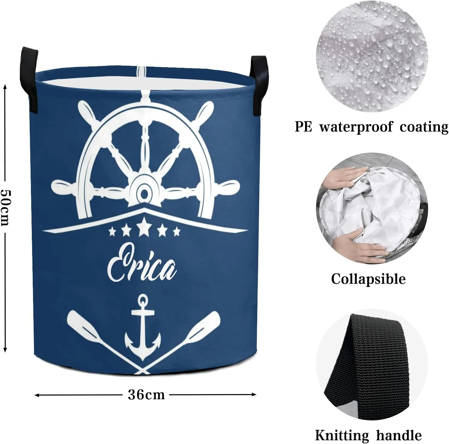 Lake House Nautical Anchor Personalized Waterproof Foldable Laundry Basket Bag with Handle, Custom Collapsible Clothes Hamper Storage Bin for Toys Laundry Dorm Travel Bathroom