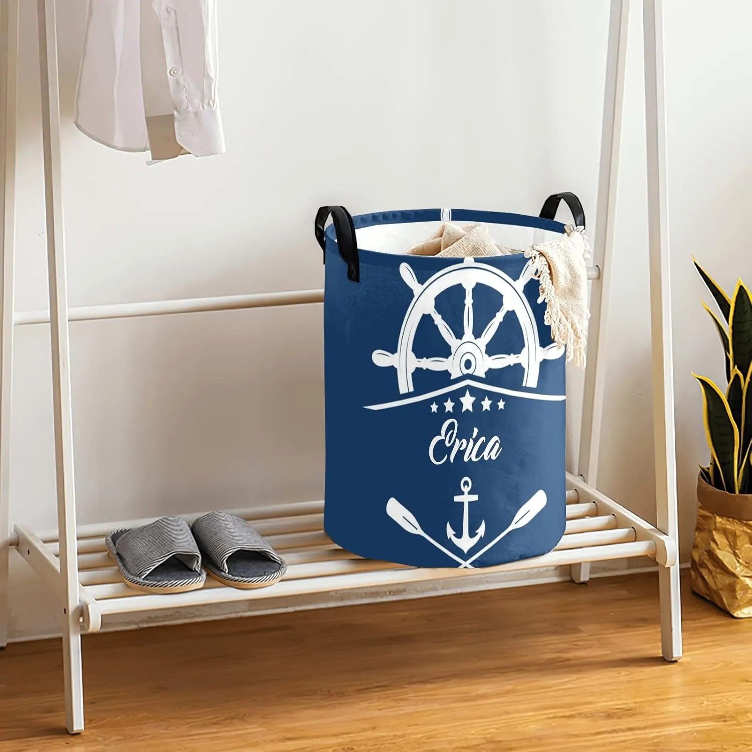 Lake House Nautical Anchor Personalized Waterproof Foldable Laundry Basket Bag with Handle, Custom Collapsible Clothes Hamper Storage Bin for Toys Laundry Dorm Travel Bathroom