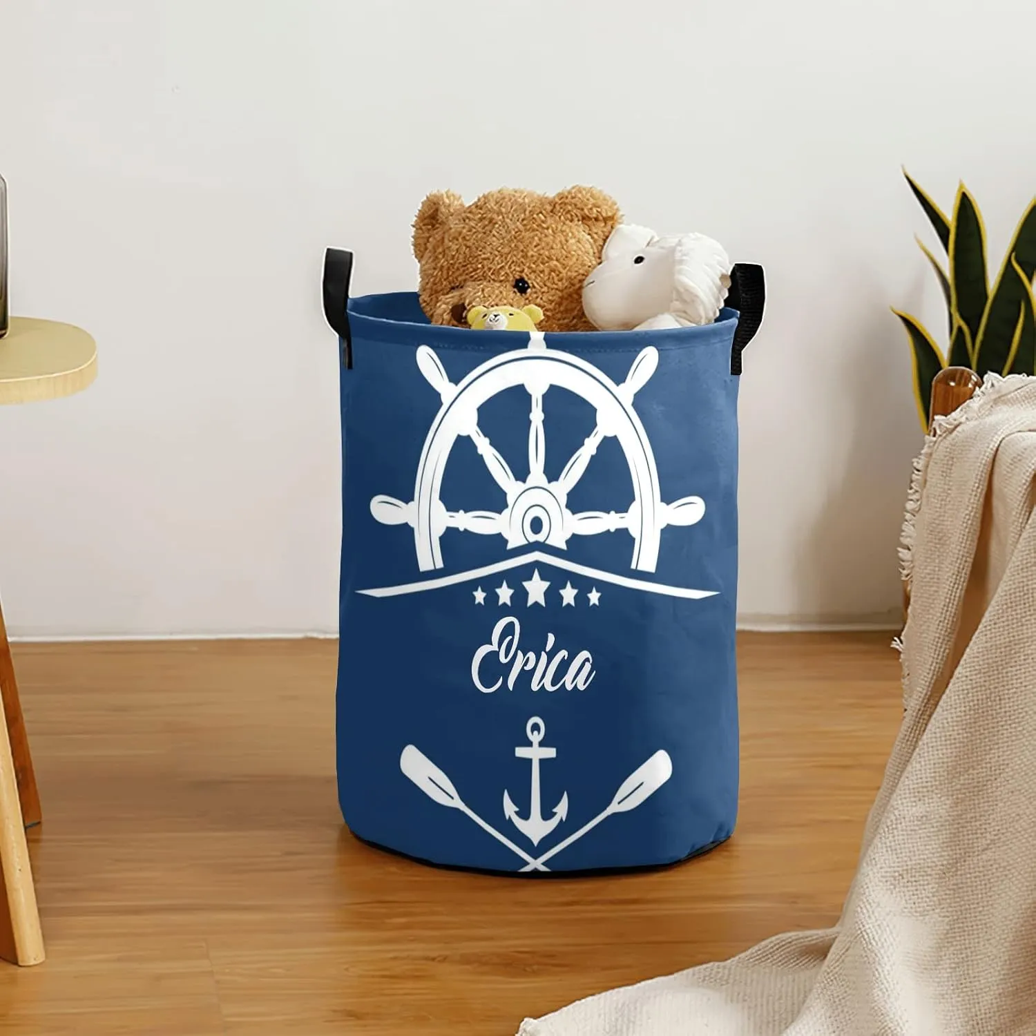 Lake House Nautical Anchor Personalized Waterproof Foldable Laundry Basket Bag with Handle, Custom Collapsible Clothes Hamper Storage Bin for Toys Laundry Dorm Travel Bathroom