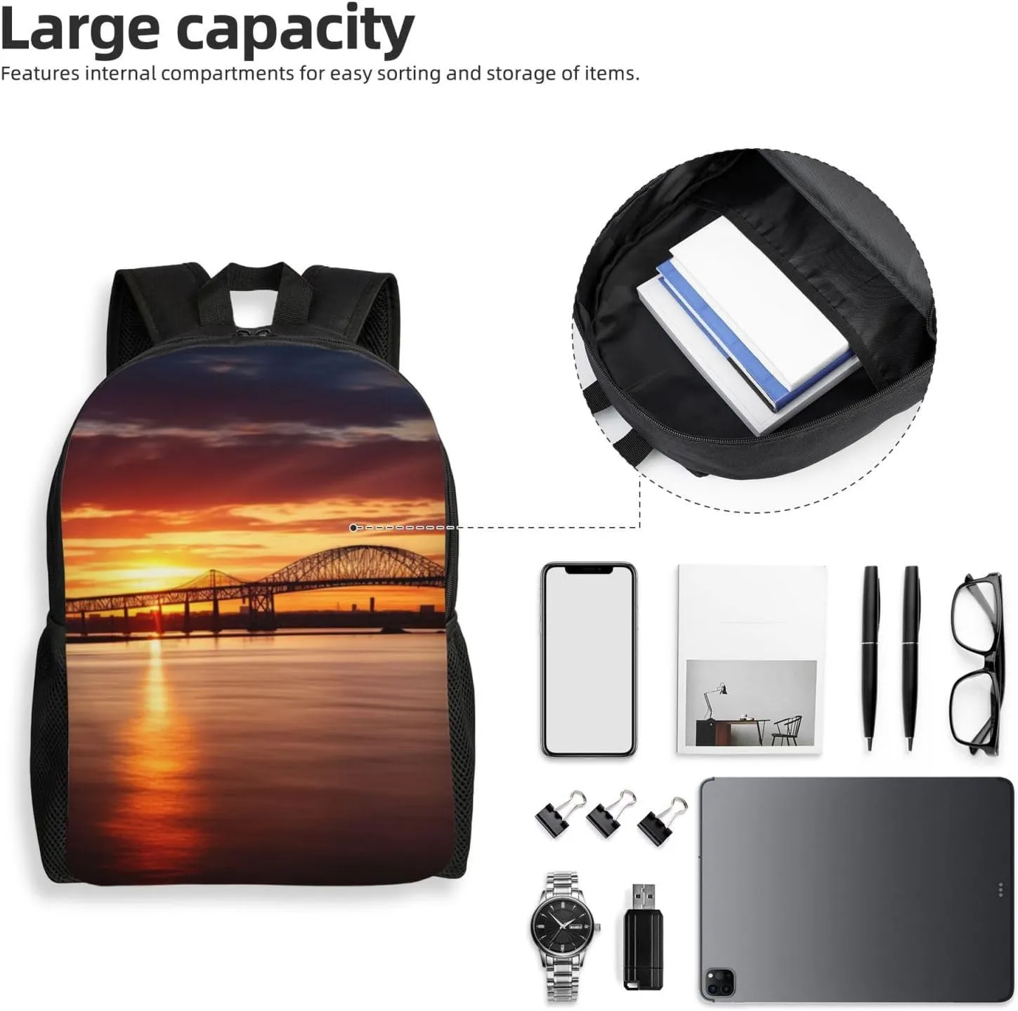 Laptop Backpack 16.1 Inch with Compartment Bridge and Sunset Laptop Bag Lightweight Casual Daypack for Travel