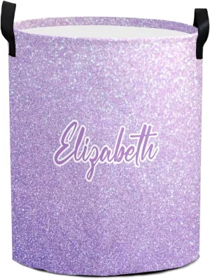 Light Glitter Purple Personalized Waterproof Foldable Laundry Basket Bag with Handle, Custom Collapsible Clothes Hamper Storage Bin for Toys Laundry Dorm Travel Bathroom