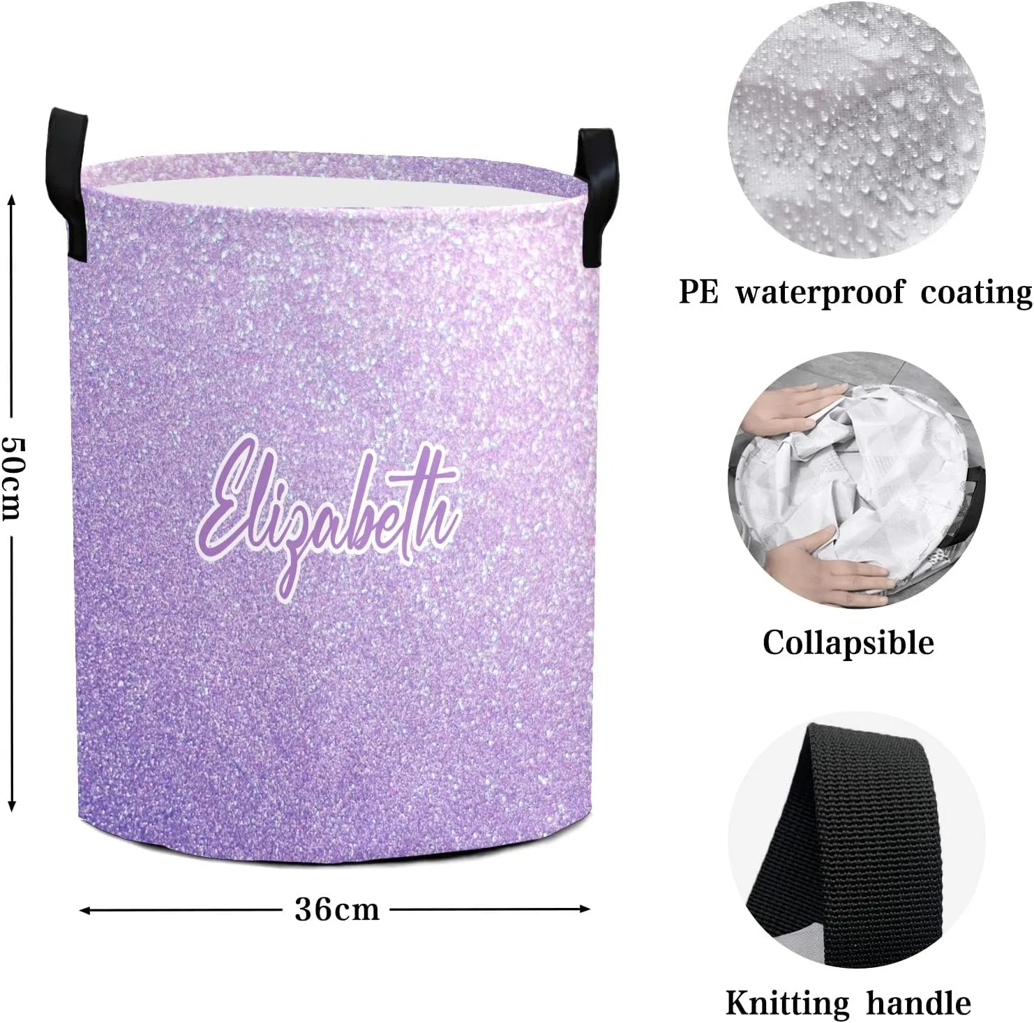 Light Glitter Purple Personalized Waterproof Foldable Laundry Basket Bag with Handle, Custom Collapsible Clothes Hamper Storage Bin for Toys Laundry Dorm Travel Bathroom