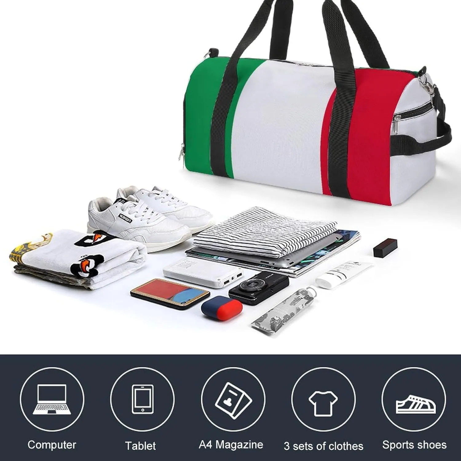 Lightweight Italian Flag Duffel Bag for Boys Girls with Wet Pocket Gym Tote