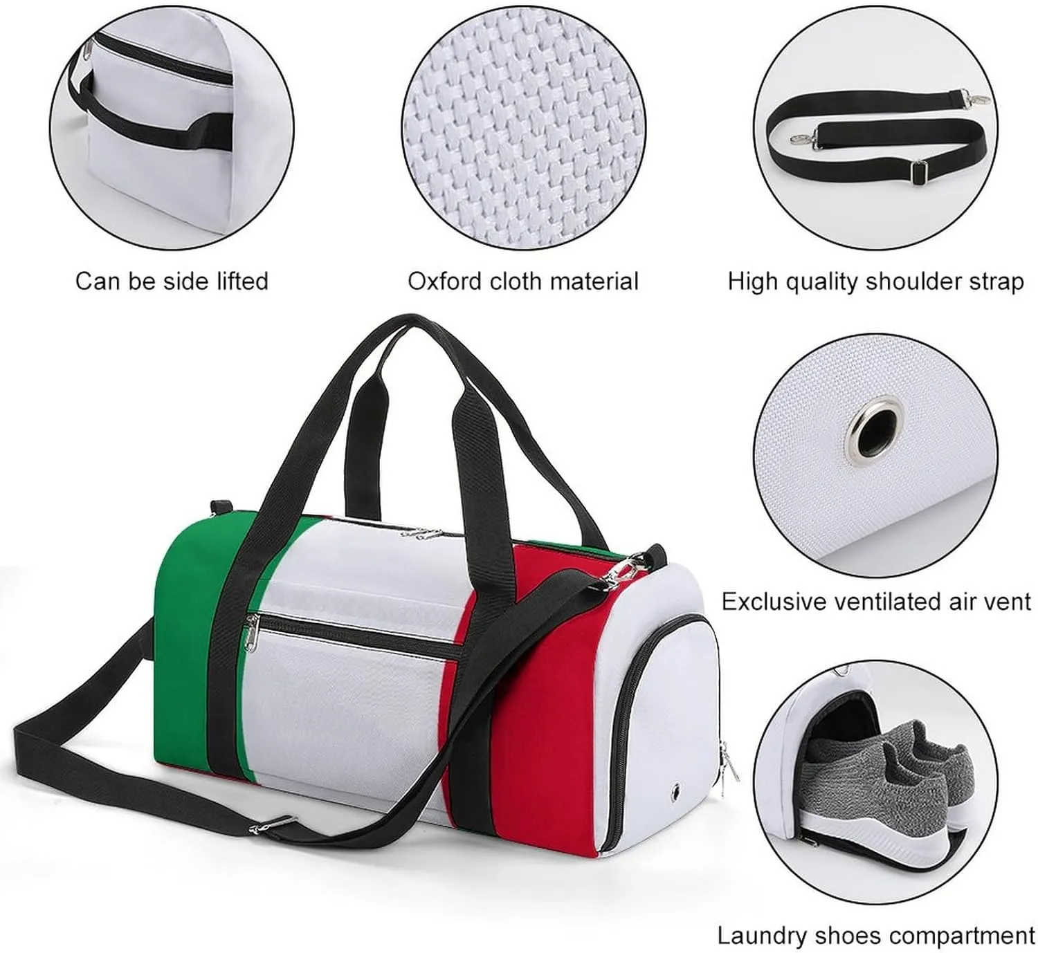 Lightweight Italian Flag Duffel Bag for Boys Girls with Wet Pocket Gym Tote