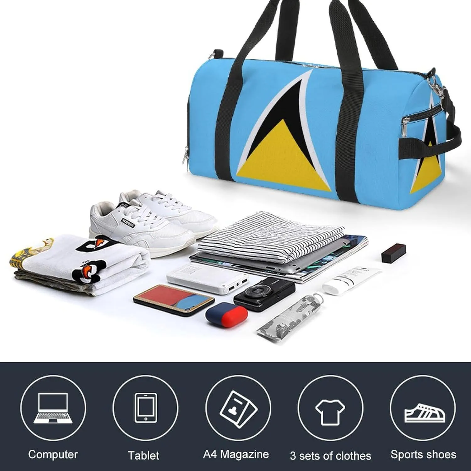 Lightweight Saint Lucia Flag Duffel Bag for Boys Girls with Wet Pocket Gym Tote