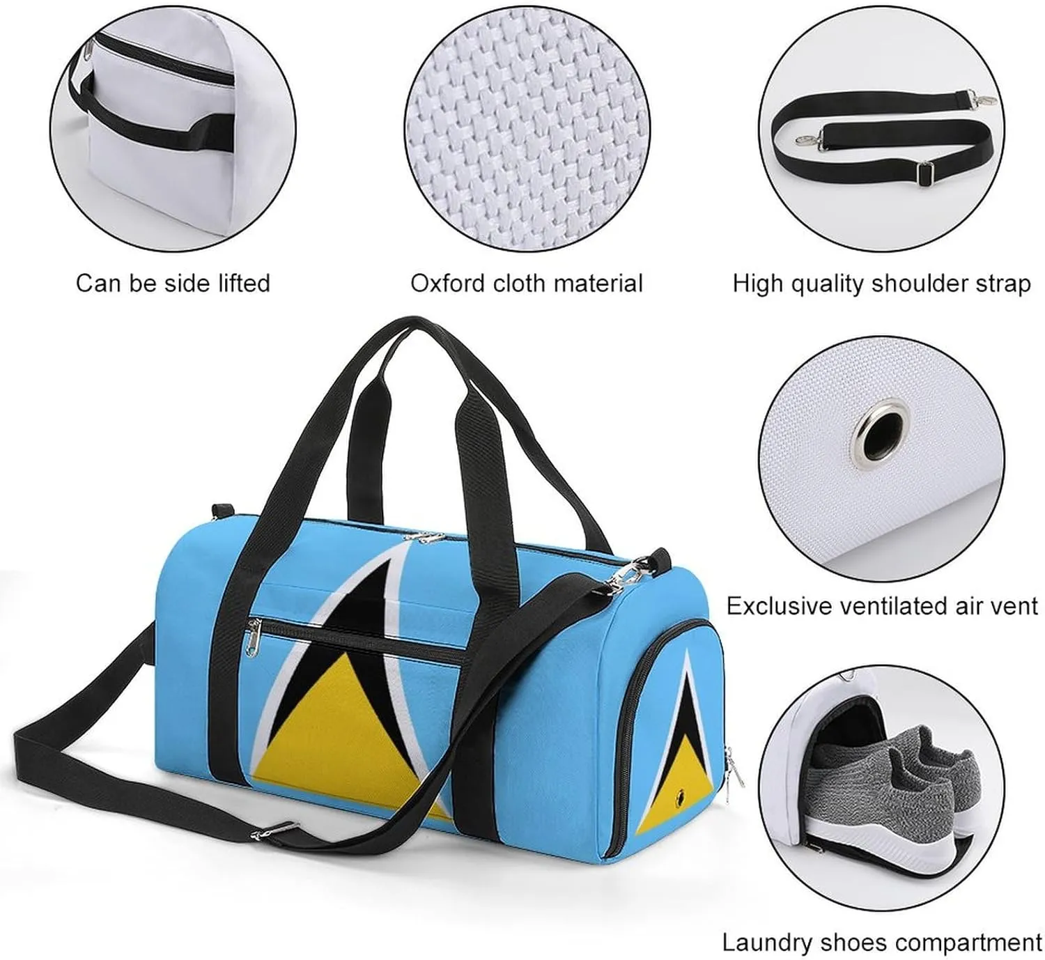 Lightweight Saint Lucia Flag Duffel Bag for Boys Girls with Wet Pocket Gym Tote