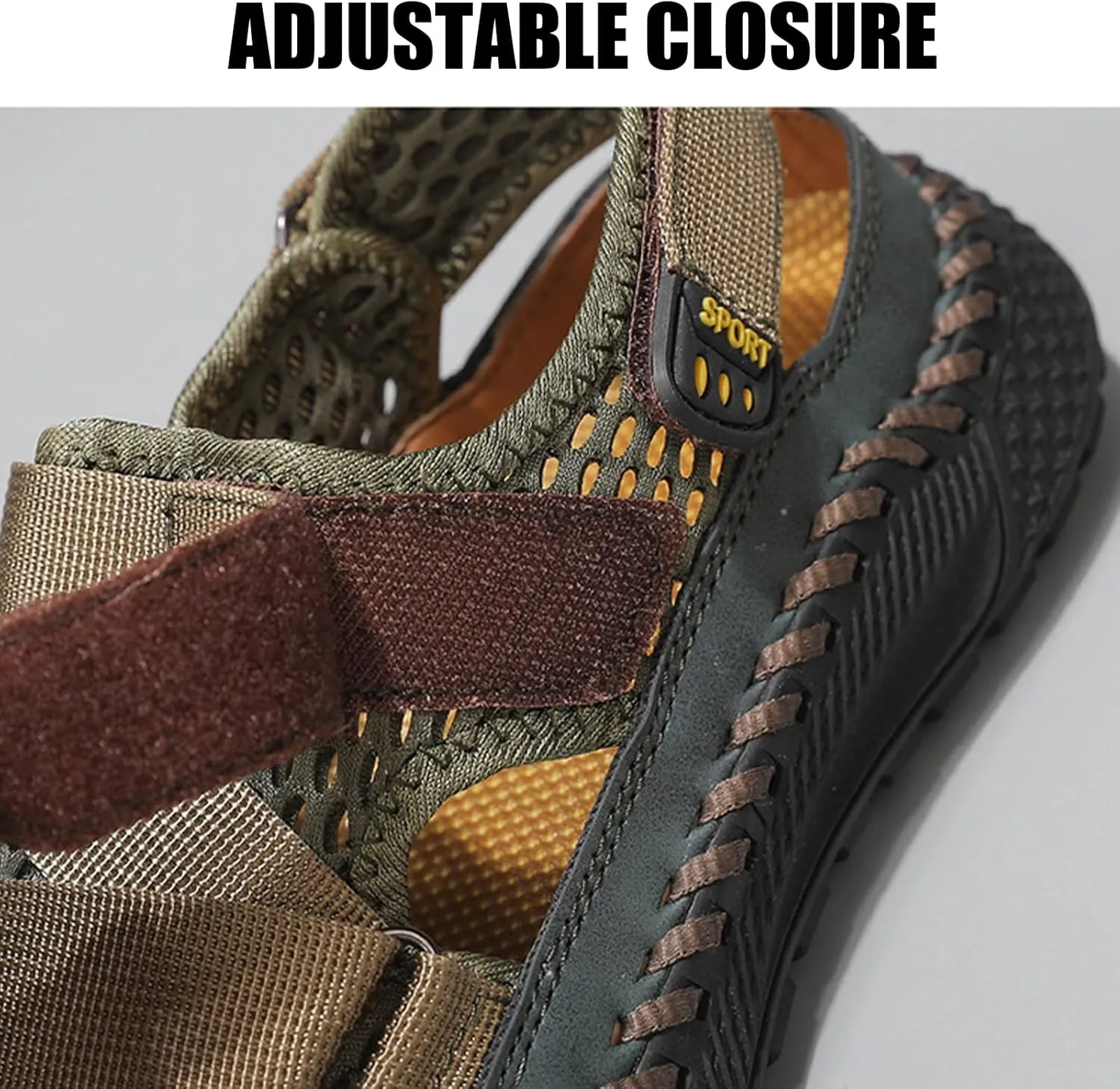 Lossarye Men's Leather Mesh Closed Toe Sandals with Adjustable Hook and Loop Outdoor Waterproof Non-slip Walking Sports Sandals Comfortable Casual Fisherman Beach Sandals