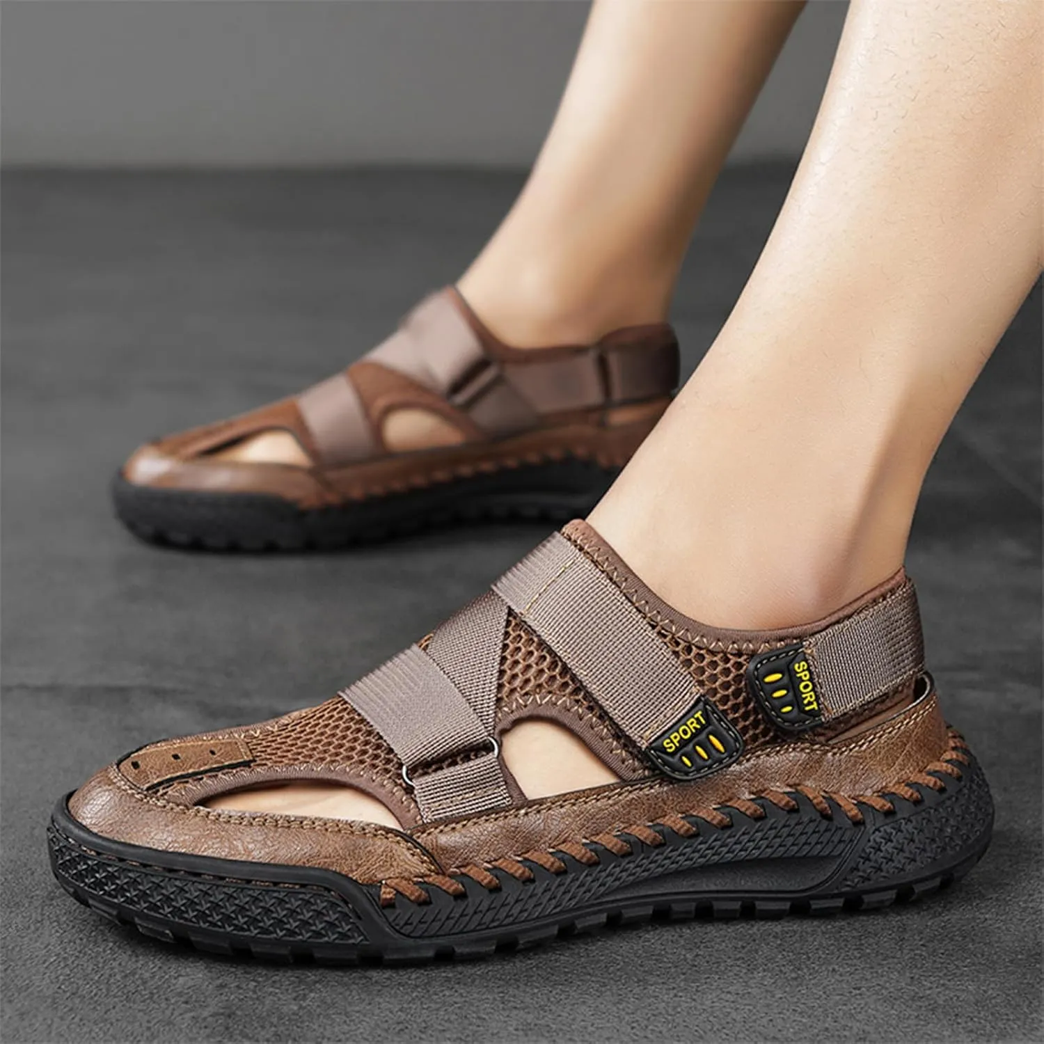 Lossarye Men's Leather Mesh Closed Toe Sandals with Adjustable Hook and Loop Outdoor Waterproof Non-slip Walking Sports Sandals Comfortable Casual Fisherman Beach Sandals