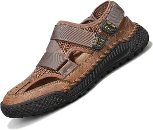 Lossarye Men's Leather Mesh Closed Toe Sandals with Adjustable Hook and Loop Outdoor Waterproof Non-slip Walking Sports Sandals Comfortable Casual Fisherman Beach Sandals