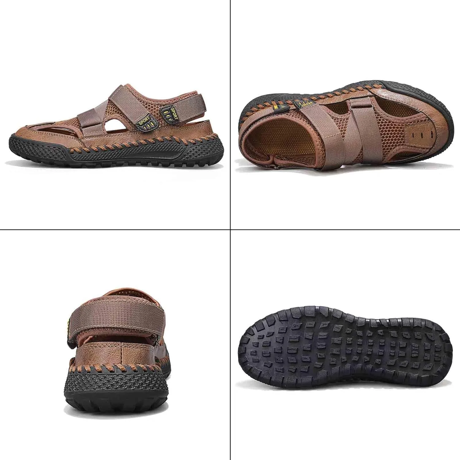 Lossarye Men's Leather Mesh Closed Toe Sandals with Adjustable Hook and Loop Outdoor Waterproof Non-slip Walking Sports Sandals Comfortable Casual Fisherman Beach Sandals