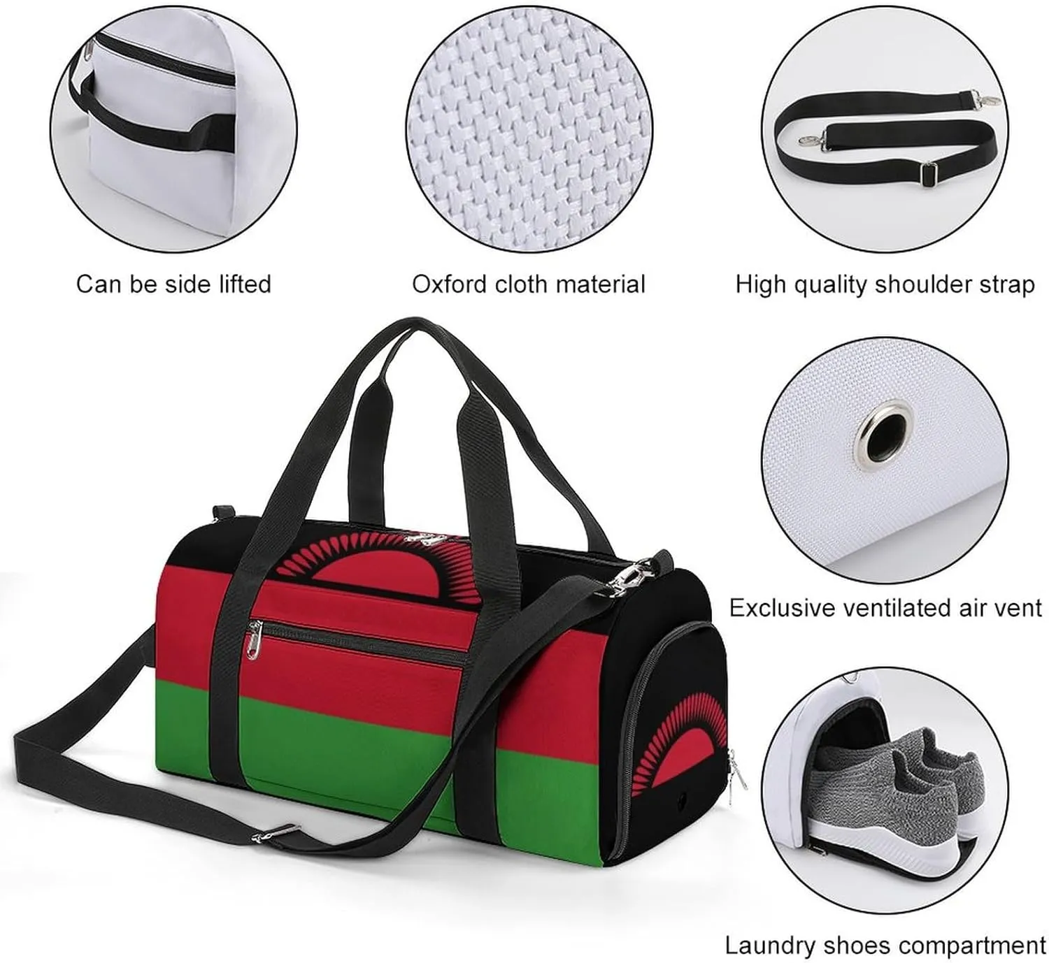Malawi Flag Gym Bag for Boys Girls with Shoe Compartment Travel Overnight