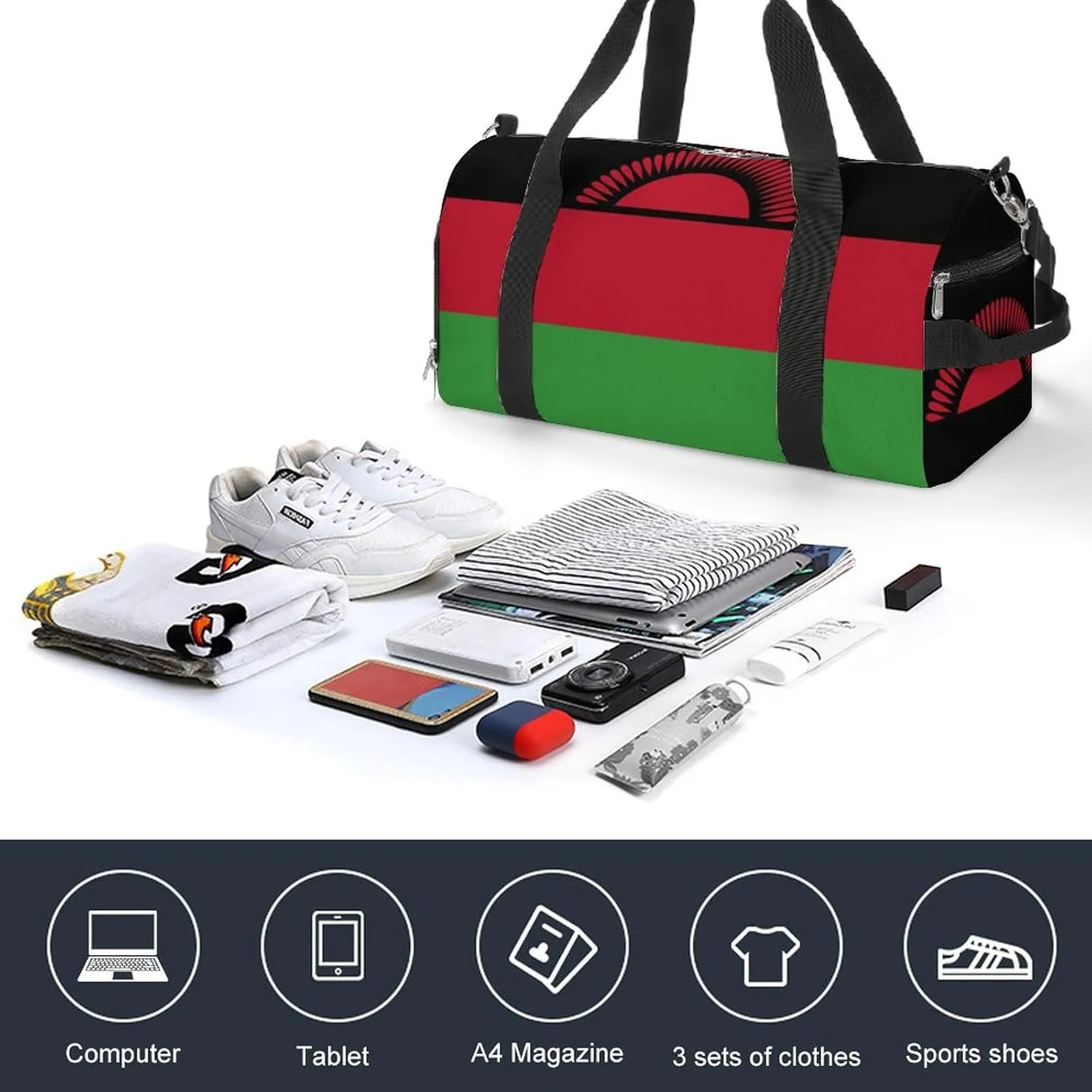Malawi Flag Gym Bag for Boys Girls with Shoe Compartment Travel Overnight