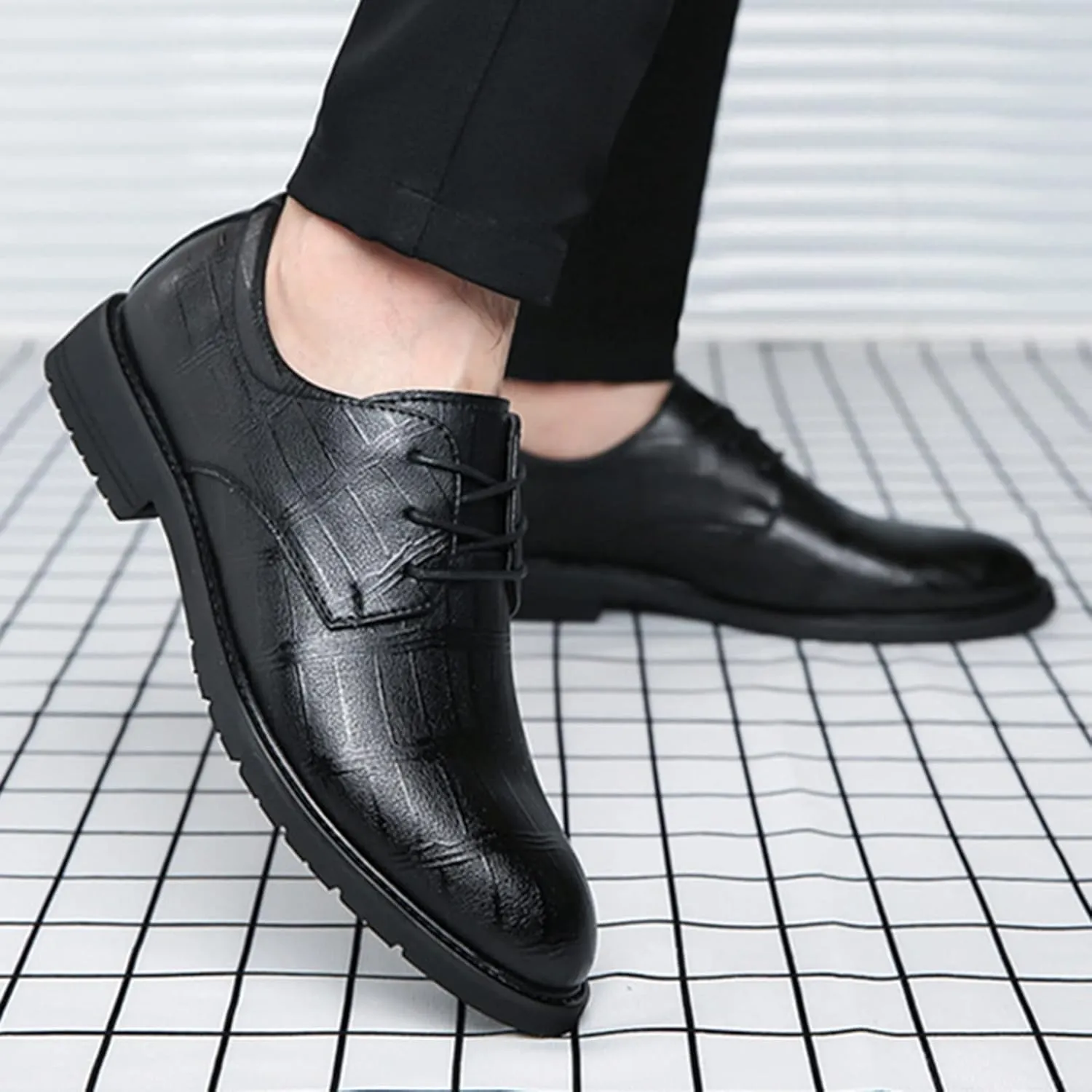 Mens Lace Up Derby Shoes Pointed Toe Leather Shoes for Men Business Formal Dress