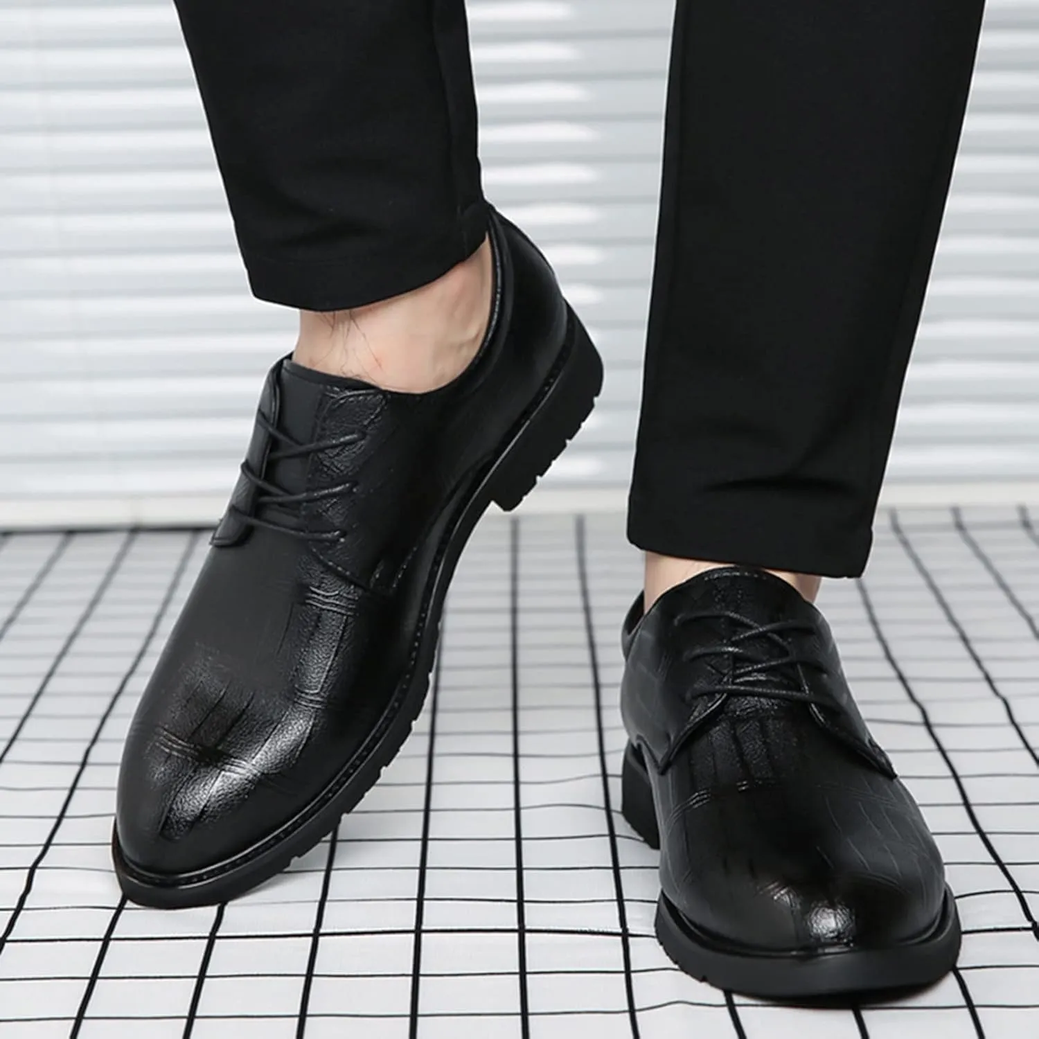 Mens Lace Up Derby Shoes Pointed Toe Leather Shoes for Men Business Formal Dress