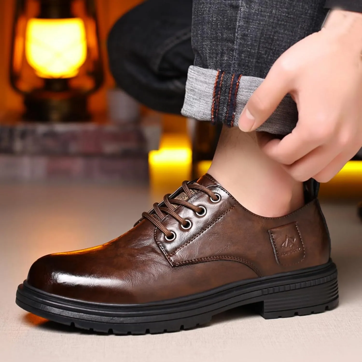 Mens Leather Lace-Up Dress Oxfords Shoes Round Toe Non Slip Chunky Heels Casual Derby Shoes for Formal Business Wedding