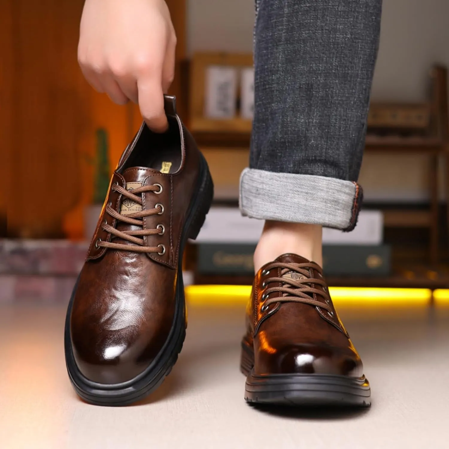 Mens Leather Lace-Up Dress Oxfords Shoes Round Toe Non Slip Chunky Heels Casual Derby Shoes for Formal Business Wedding