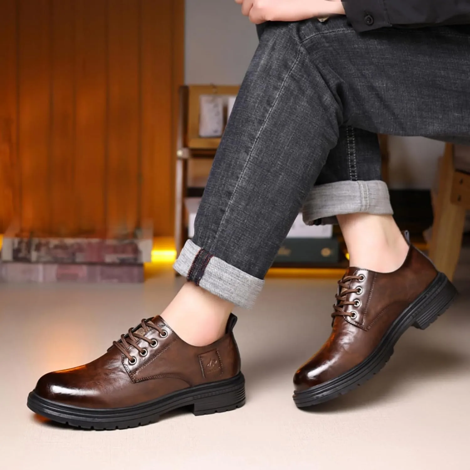 Mens Leather Lace-Up Dress Oxfords Shoes Round Toe Non Slip Chunky Heels Casual Derby Shoes for Formal Business Wedding