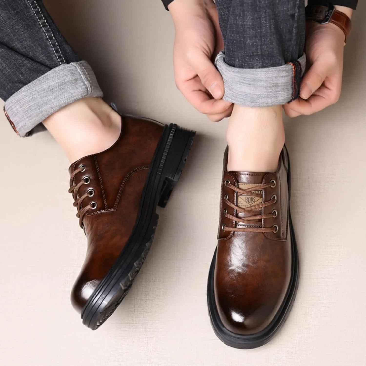 Mens Leather Lace-Up Dress Oxfords Shoes Round Toe Non Slip Chunky Heels Casual Derby Shoes for Formal Business Wedding