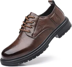 Mens Leather Lace-Up Dress Oxfords Shoes Round Toe Non Slip Chunky Heels Casual Derby Shoes for Formal Business Wedding
