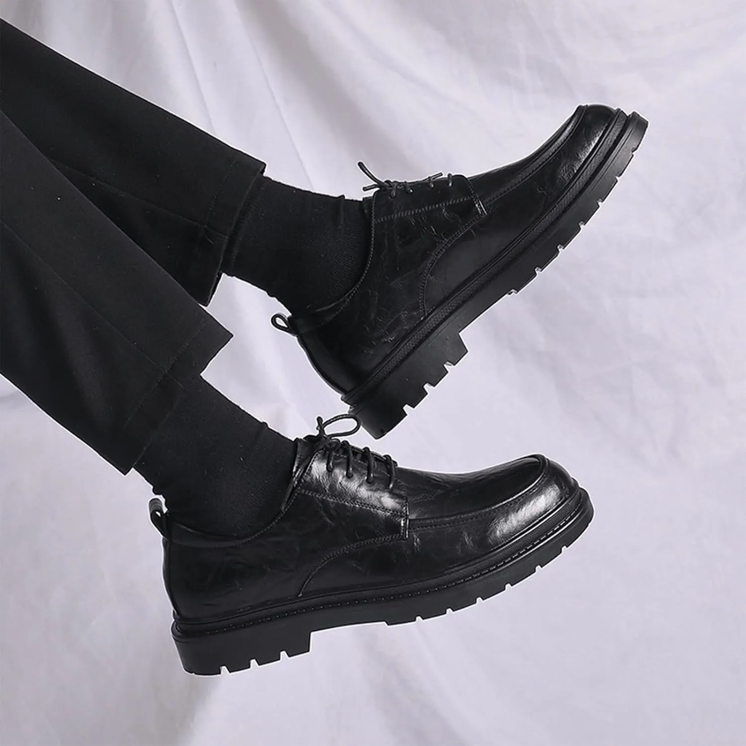 Men's Leather Platform Derby Shoes Classic Round Toe Lace Up Comfort Non Slip Business Oxford Shoes for Work Evening Dress Shoes
