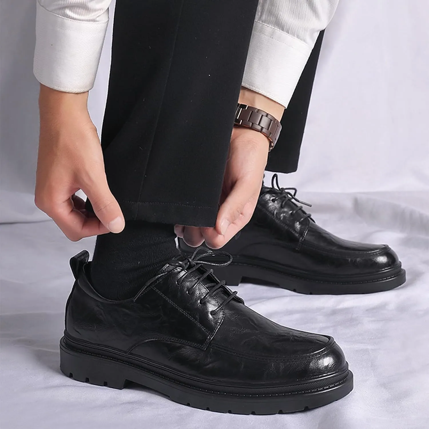 Men's Leather Platform Derby Shoes Classic Round Toe Lace Up Comfort Non Slip Business Oxford Shoes for Work Evening Dress Shoes