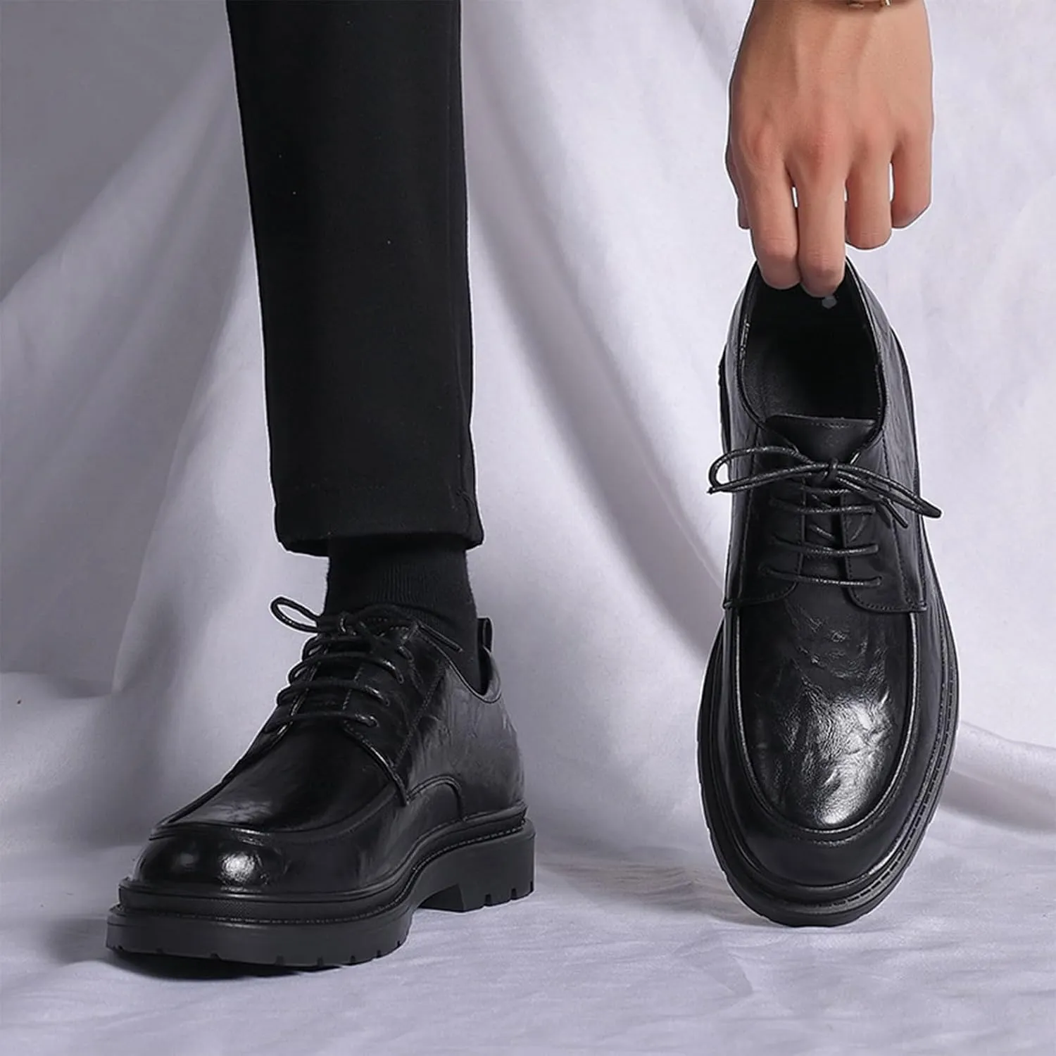 Men's Leather Platform Derby Shoes Classic Round Toe Lace Up Comfort Non Slip Business Oxford Shoes for Work Evening Dress Shoes