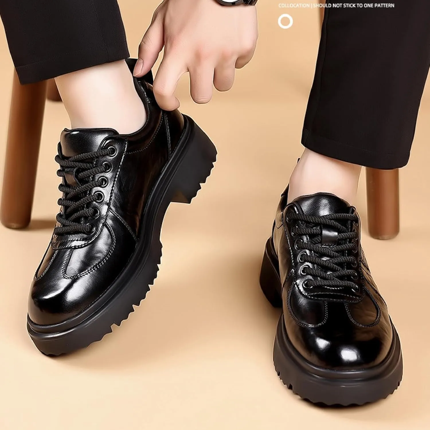 Men's Leather Platform Oxfords Comfort Handmade Round Toe Slip On Non-Slip Lug Sole Lace-Up Formal Derby Shoes Casual Business Work Office Wedding Tuxedo
