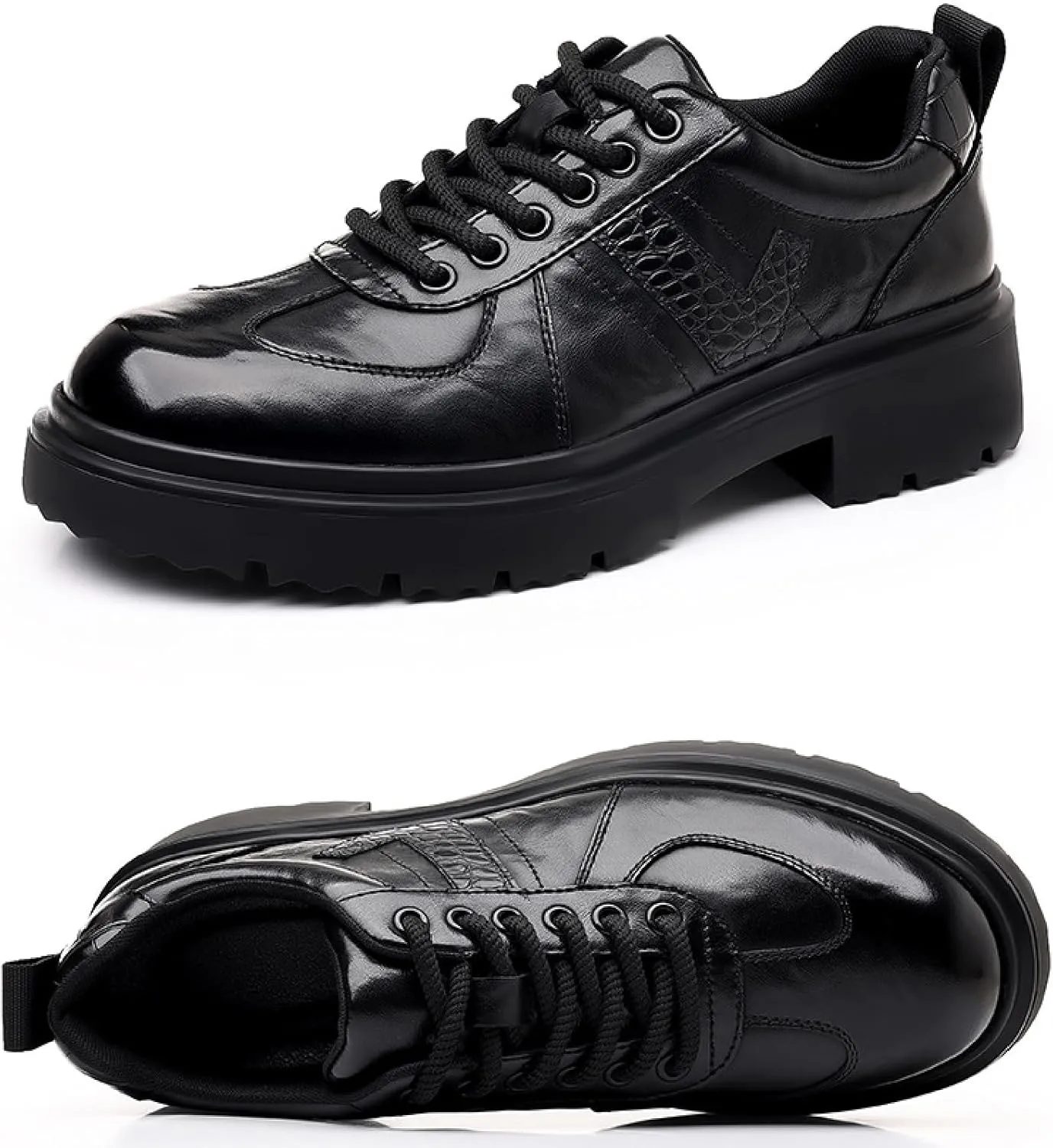 Men's Leather Platform Oxfords Comfort Handmade Round Toe Slip On Non-Slip Lug Sole Lace-Up Formal Derby Shoes Casual Business Work Office Wedding Tuxedo