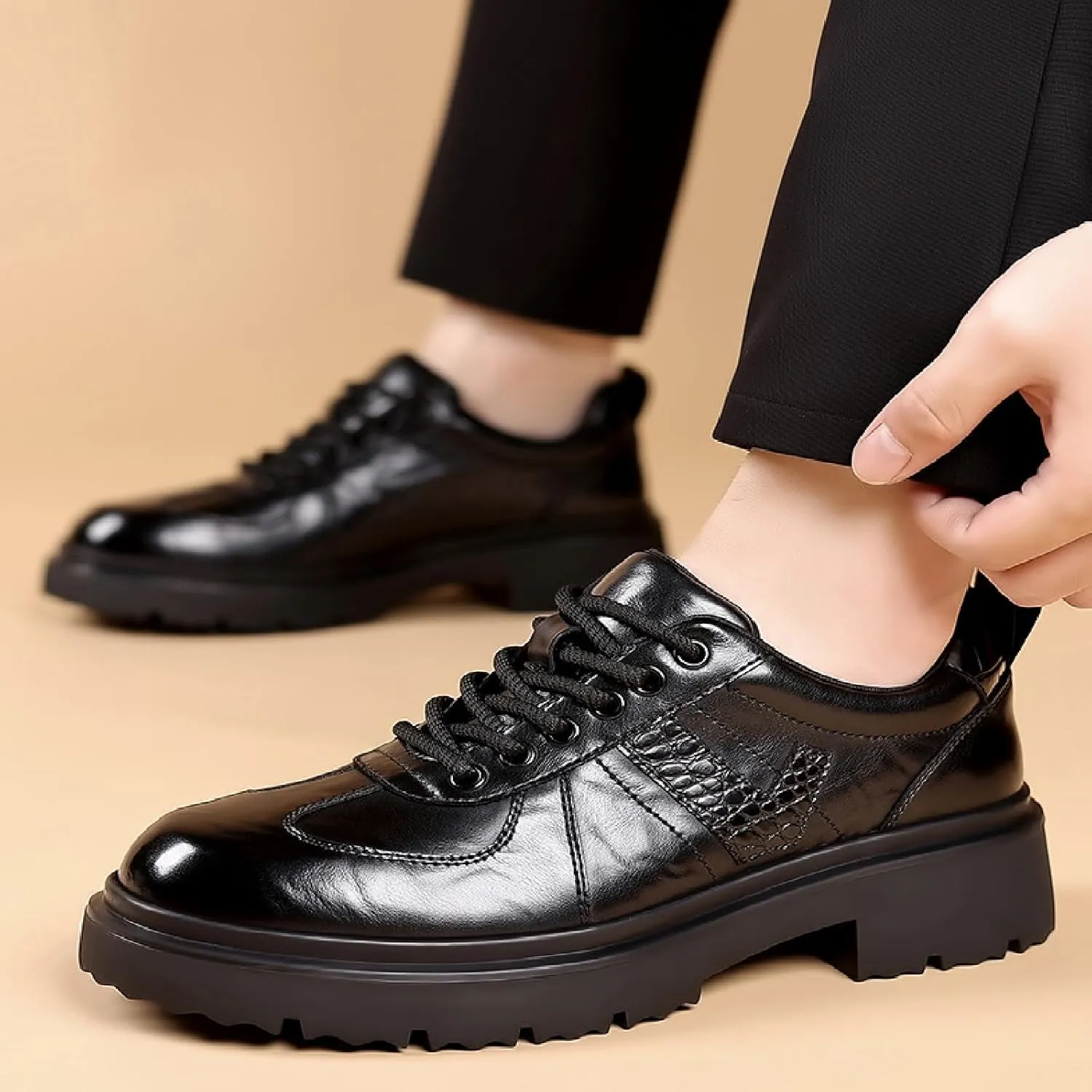 Men's Leather Platform Oxfords Comfort Handmade Round Toe Slip On Non-Slip Lug Sole Lace-Up Formal Derby Shoes Casual Business Work Office Wedding Tuxedo