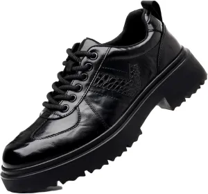 Men's Leather Platform Oxfords Comfort Handmade Round Toe Slip On Non-Slip Lug Sole Lace-Up Formal Derby Shoes Casual Business Work Office Wedding Tuxedo
