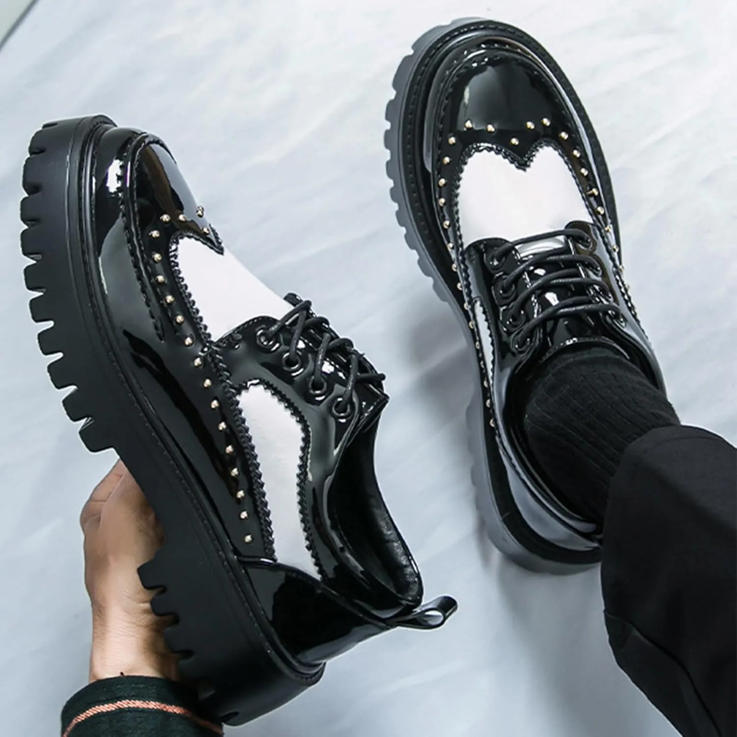 Men's Patent Leather Platform Dress Shoes Classic Round Toe Thick Lug Sole Lace Up Oxfords Comfort Block Heel Derby Business Casual Shoes