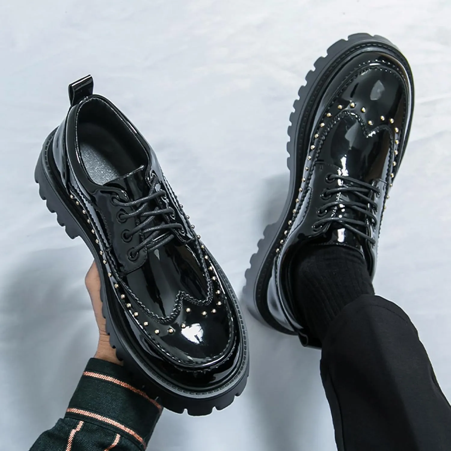 Men's Patent Leather Platform Dress Shoes Classic Round Toe Thick Lug Sole Lace Up Oxfords Comfort Block Heel Derby Business Casual Shoes