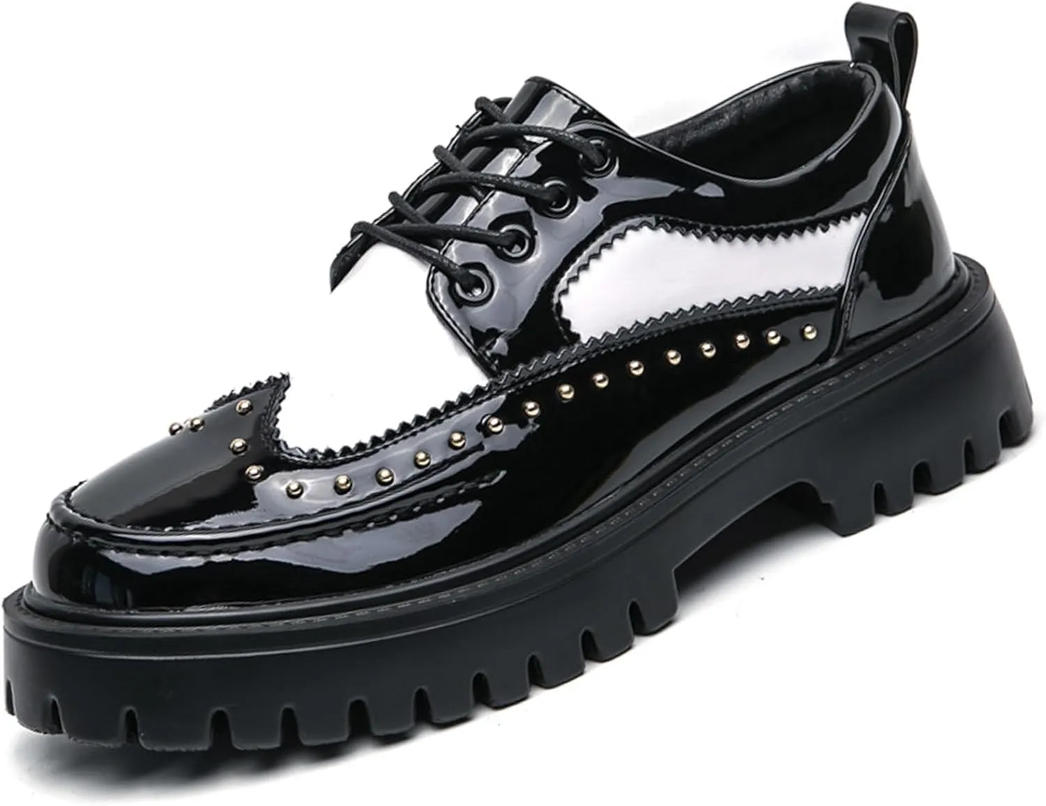 Men's Patent Leather Platform Dress Shoes Classic Round Toe Thick Lug Sole Lace Up Oxfords Comfort Block Heel Derby Business Casual Shoes