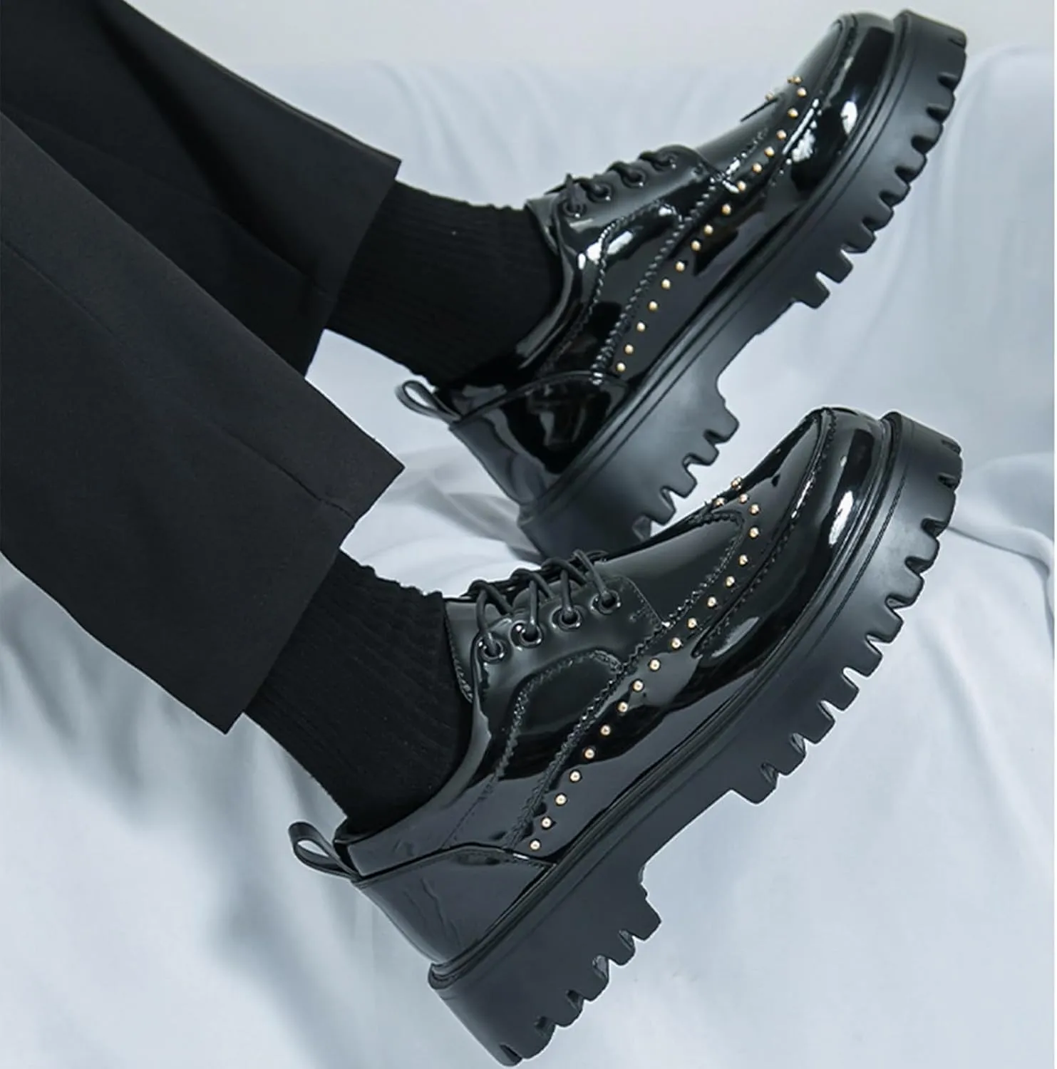 Men's Patent Leather Platform Dress Shoes Classic Round Toe Thick Lug Sole Lace Up Oxfords Comfort Block Heel Derby Business Casual Shoes
