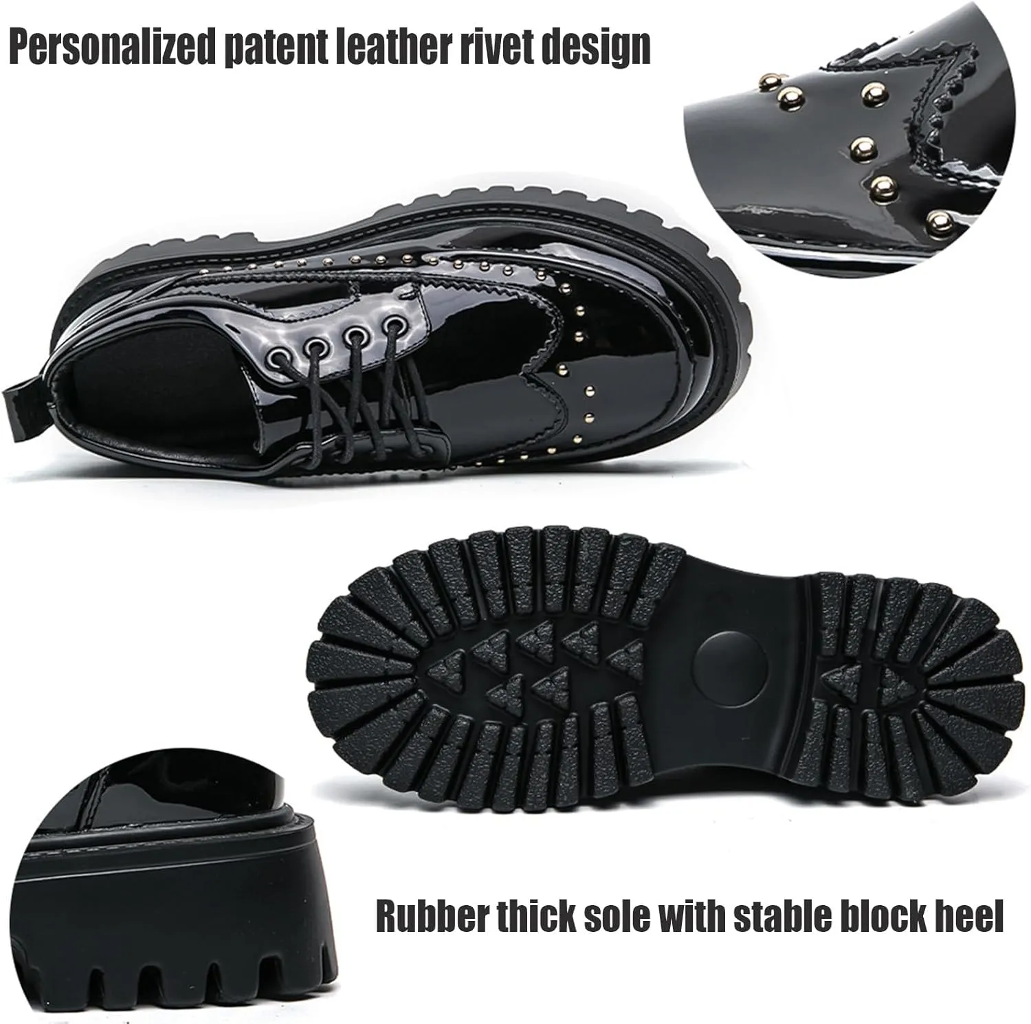 Men's Patent Leather Platform Dress Shoes Classic Round Toe Thick Lug Sole Lace Up Oxfords Comfort Block Heel Derby Business Casual Shoes