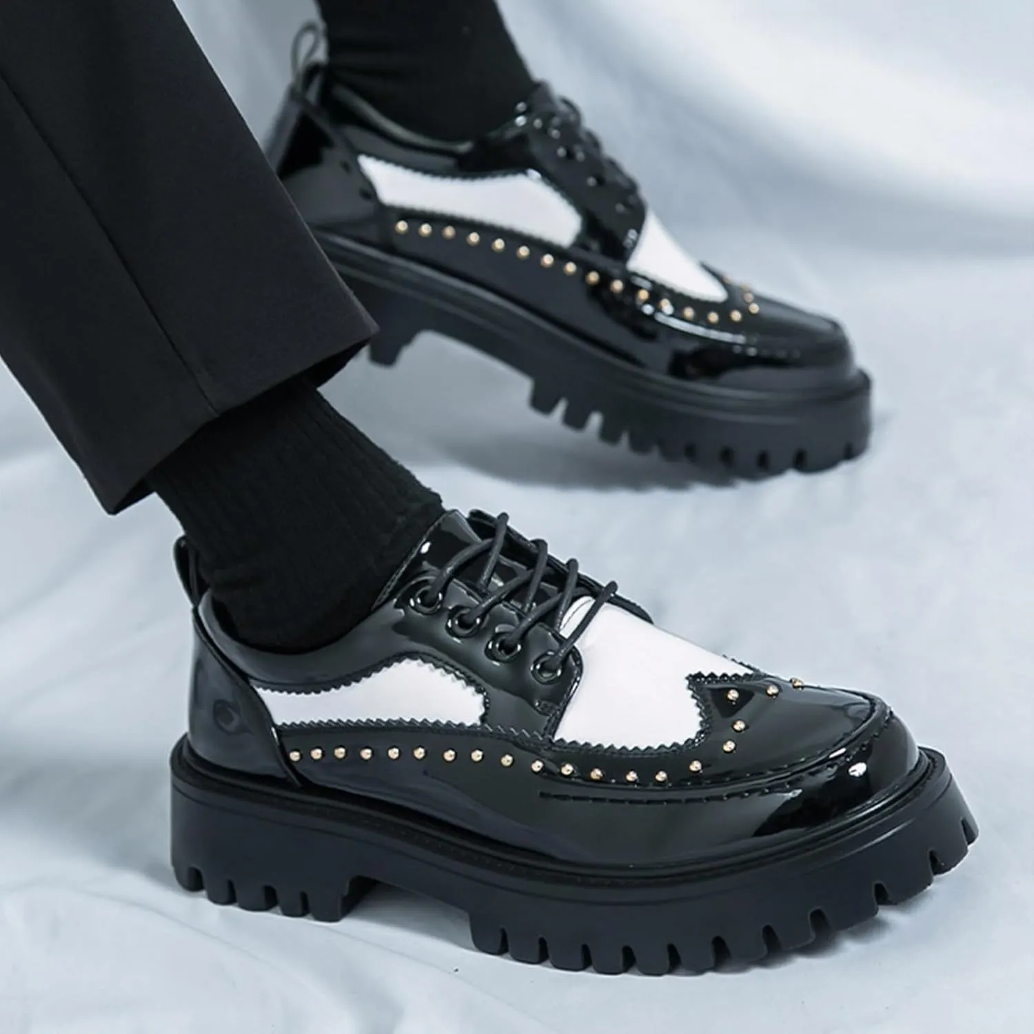 Men's Patent Leather Platform Dress Shoes Classic Round Toe Thick Lug Sole Lace Up Oxfords Comfort Block Heel Derby Business Casual Shoes