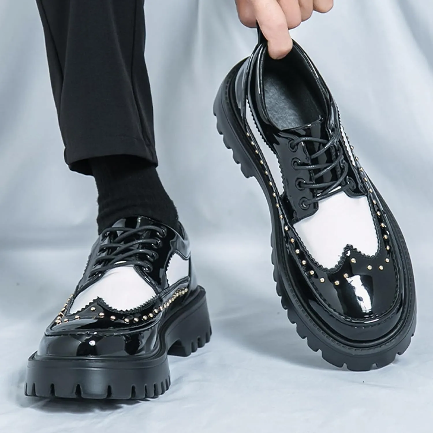 Men's Patent Leather Platform Dress Shoes Classic Round Toe Thick Lug Sole Lace Up Oxfords Comfort Block Heel Derby Business Casual Shoes