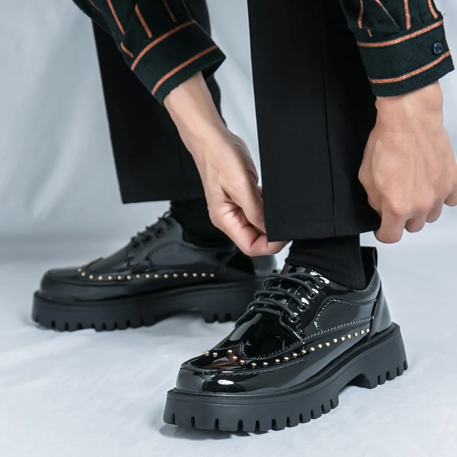 Men's Patent Leather Platform Dress Shoes Classic Round Toe Thick Lug Sole Lace Up Oxfords Comfort Block Heel Derby Business Casual Shoes