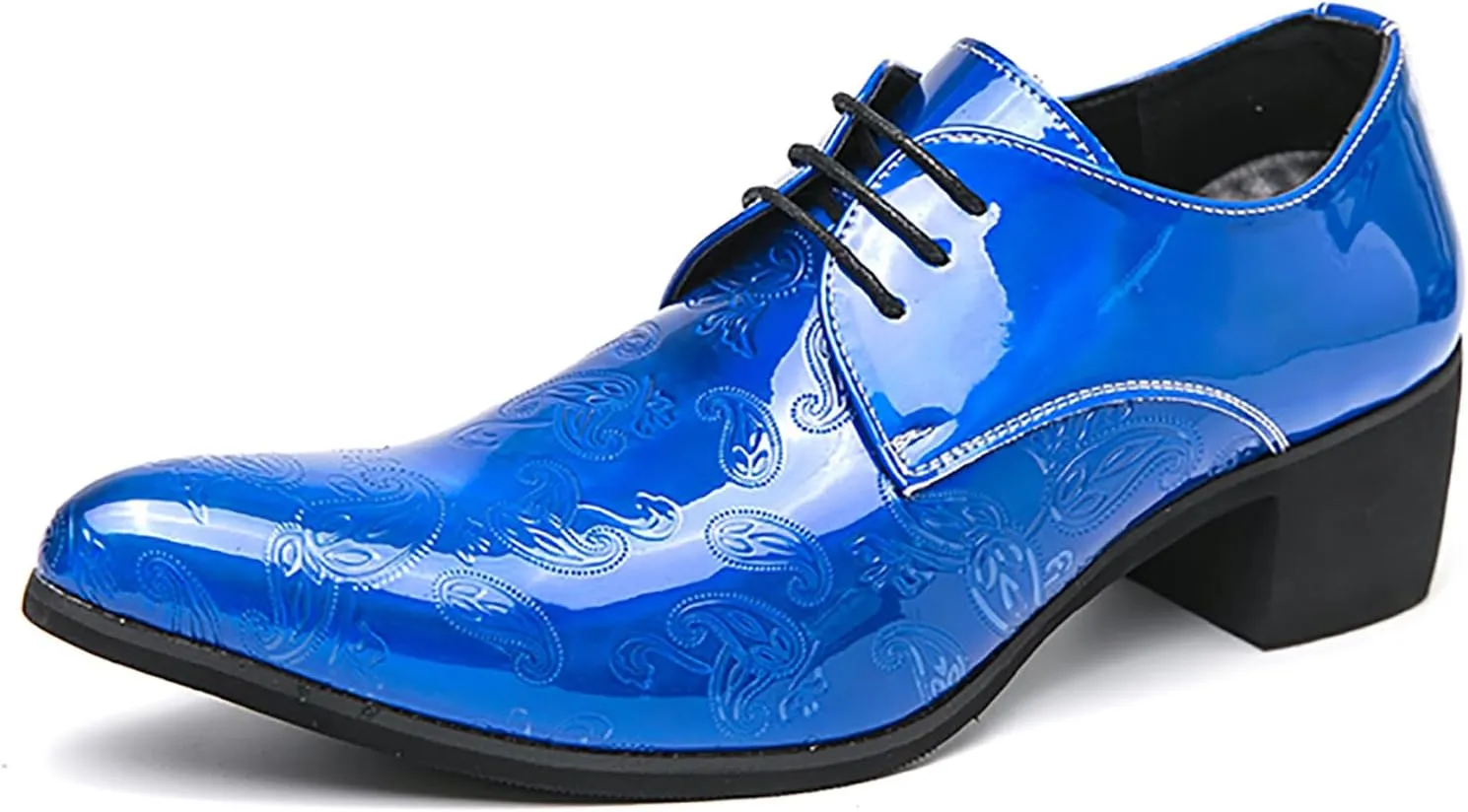 Men's Printing Pointed-Toe Patent Leather Derby Oxford Shoes,Classic Lace-up Low Top Block High Heel Fashion Slip on Prom Business Wedding Dress Shoes