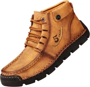 Mens PU Ankle Chukka Boots Casual Shoes Loafers Flat Shoes Vintage Stitching Comfort Soft Breathable Lace-up Lightweight Fashionable Flats Shoes